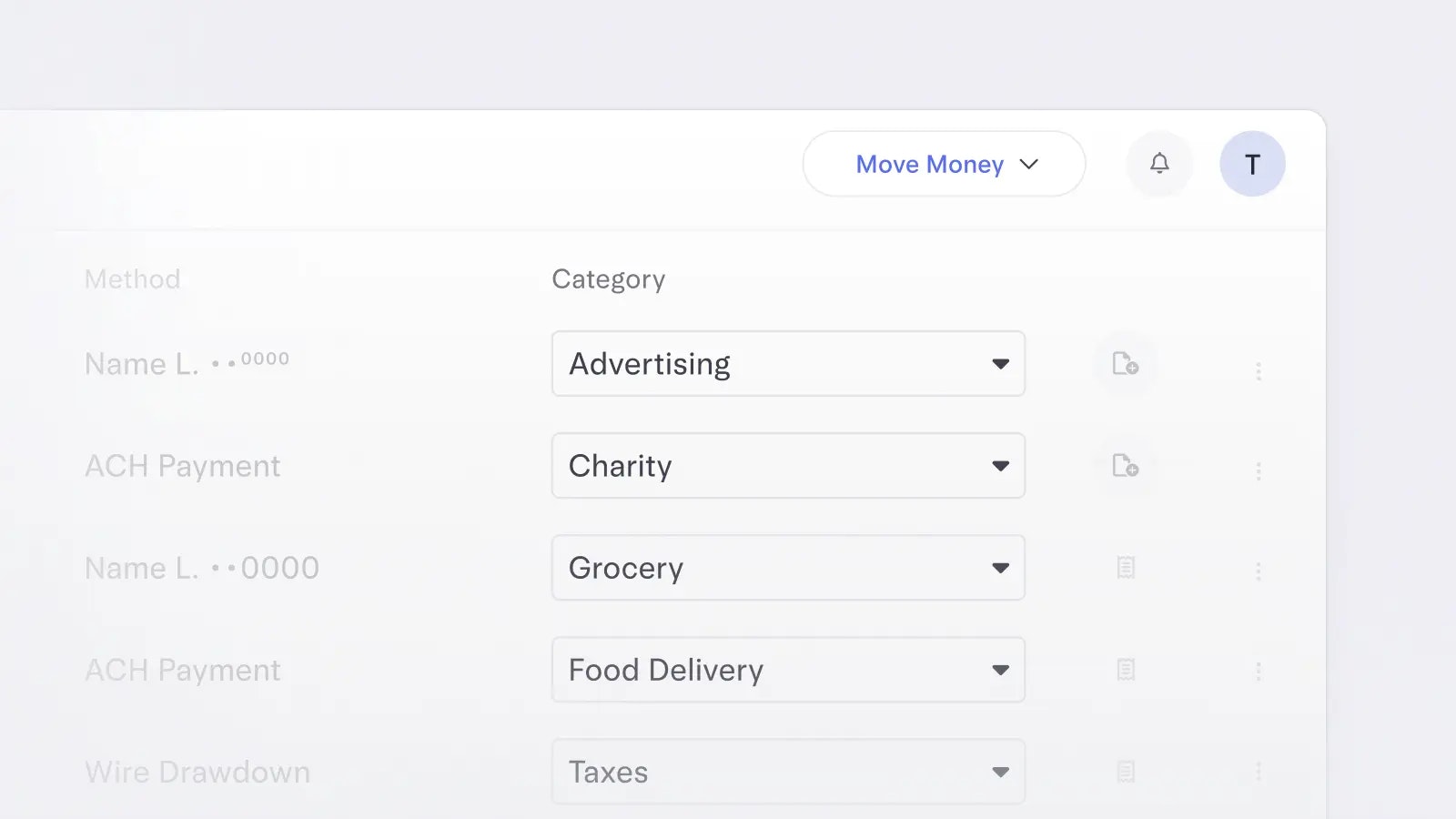 A close-up view of the Mercury Transactions page depicting expense categories such as Advertising, Charity, Food Delivery, and Taxes.