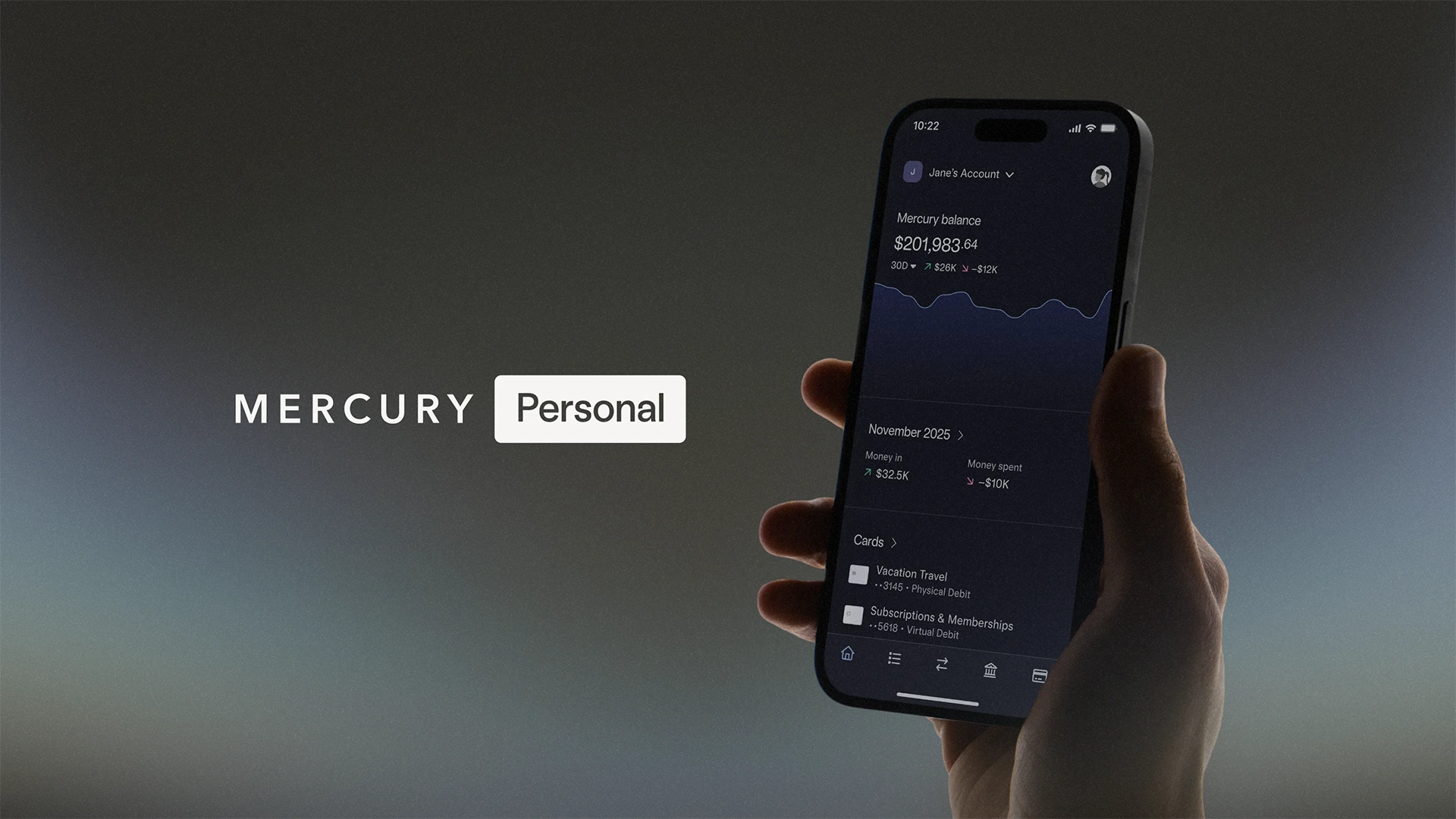 An image of a mobile phone showing the Mercury Personal banking app