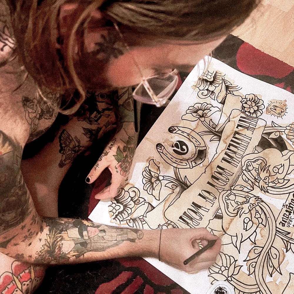 Overhead photo of Colgrave sketching