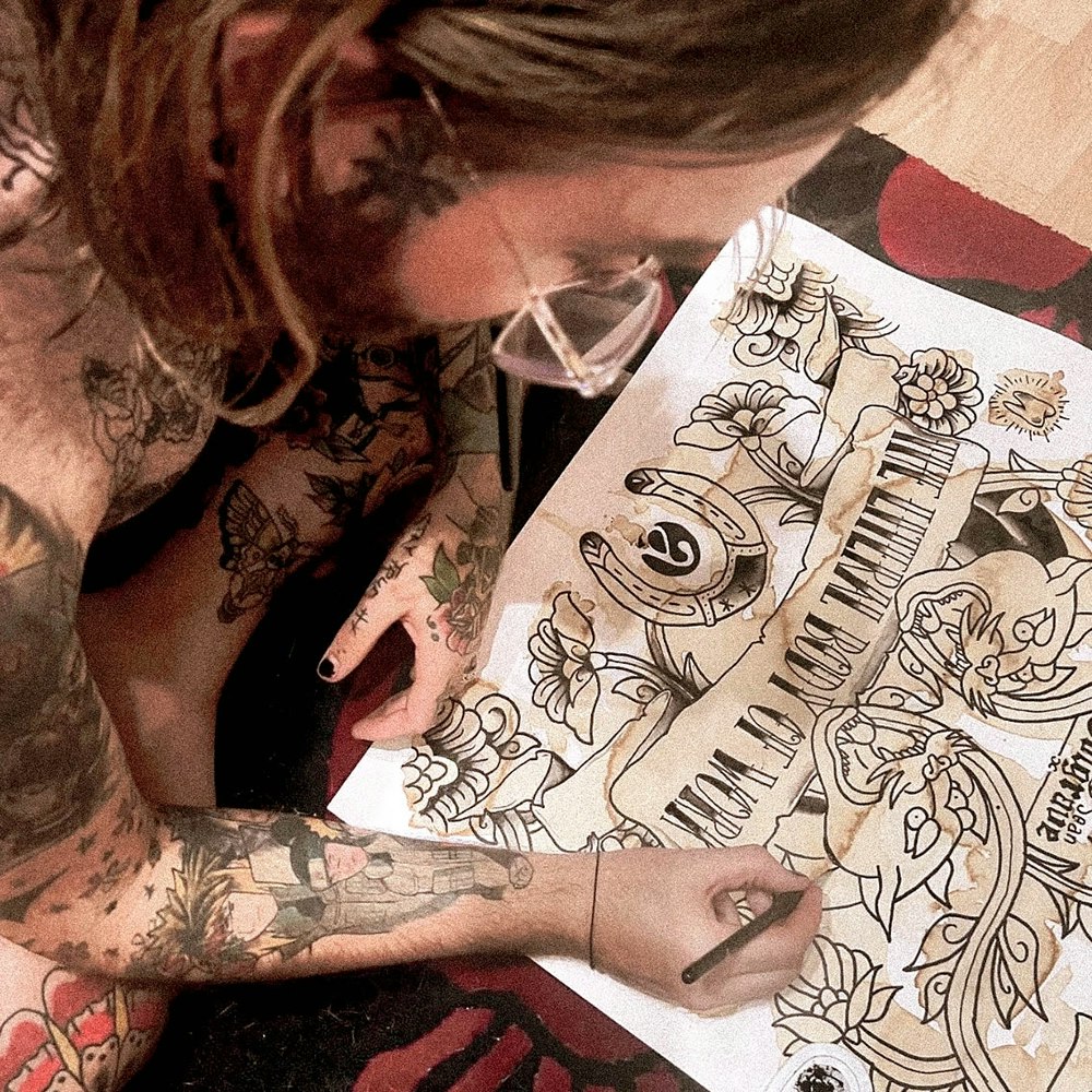 Overhead photo of Colgrave sketching