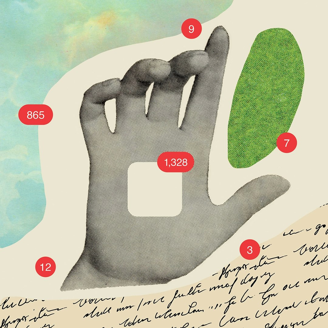 Illustration of a hand swiping through digital notifications and analog surfaces