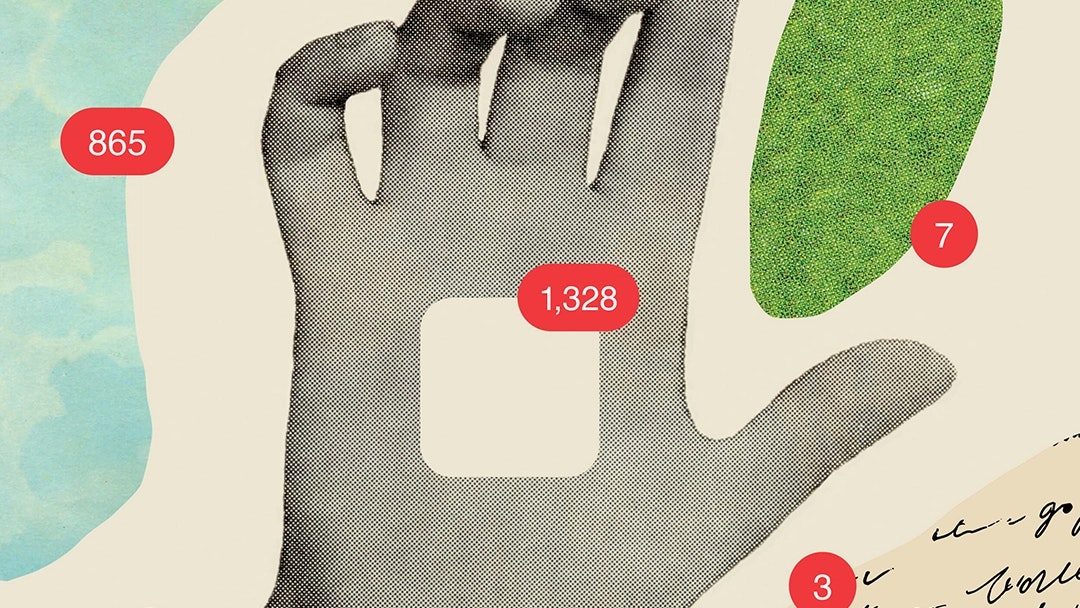 Illustration of a hand swiping through digital notifications and analog surfaces