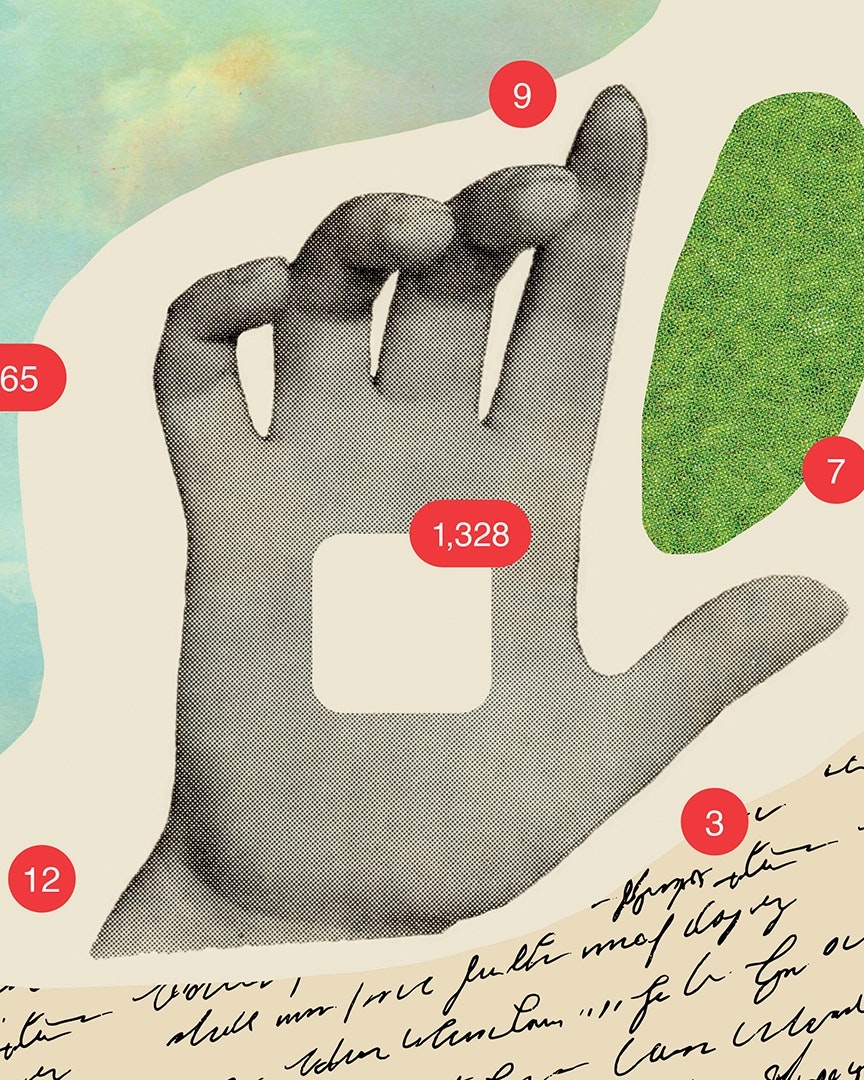 Illustration of a hand swiping through digital notifications and analog surfaces