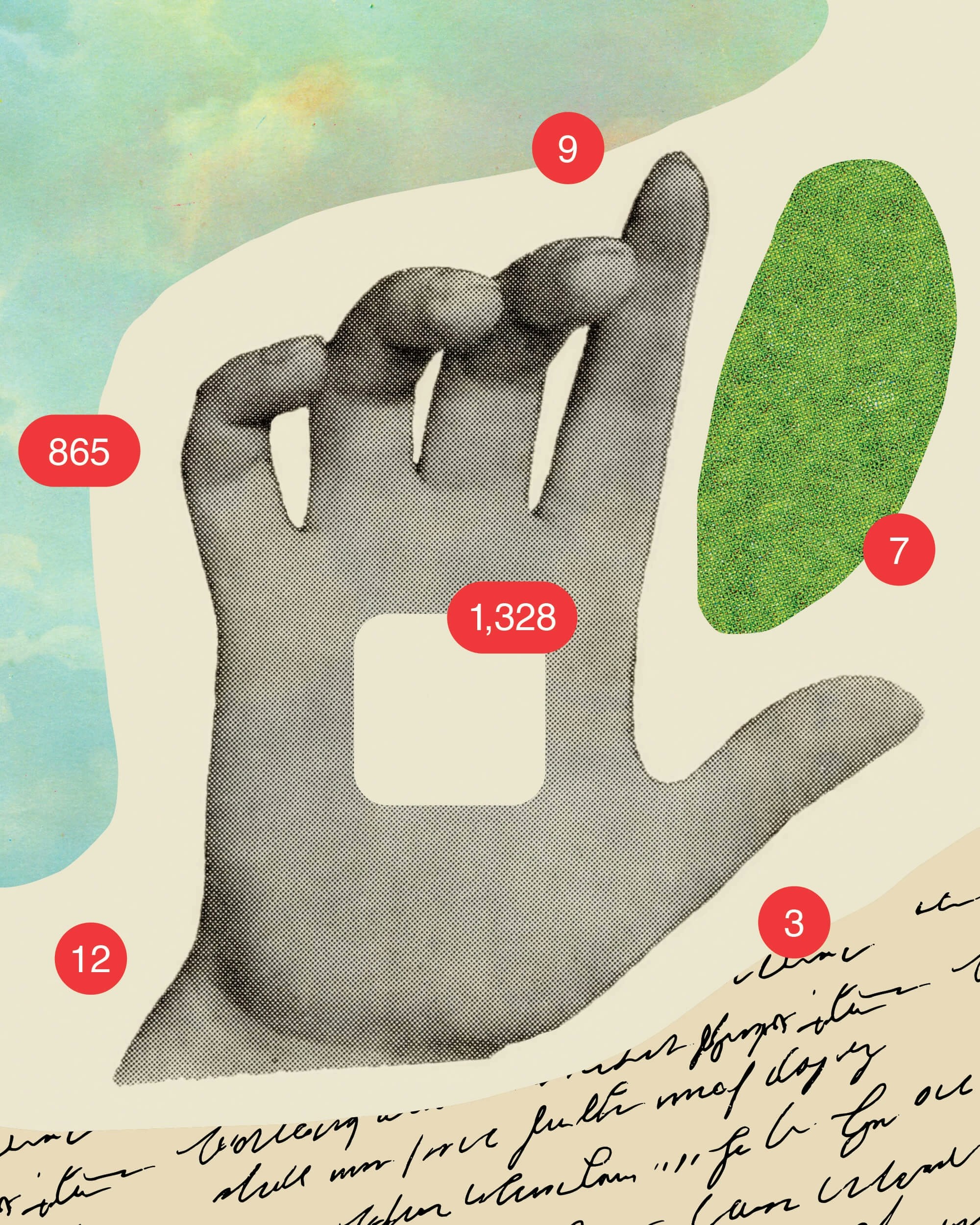 Illustration of a hand swiping through digital notifications and analog surfaces