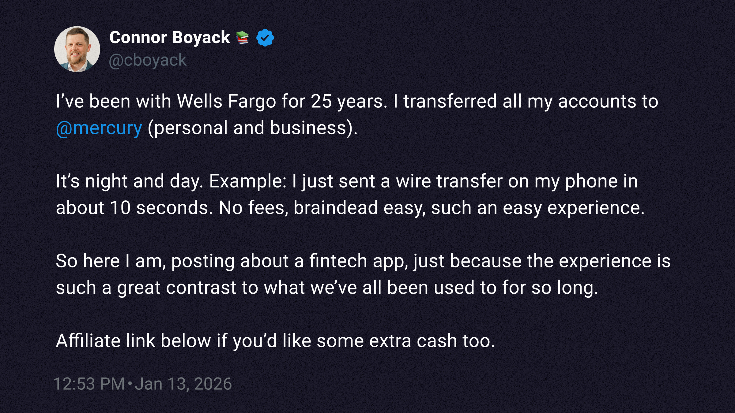 Tweet from Connor Boyack on switching to Mercury