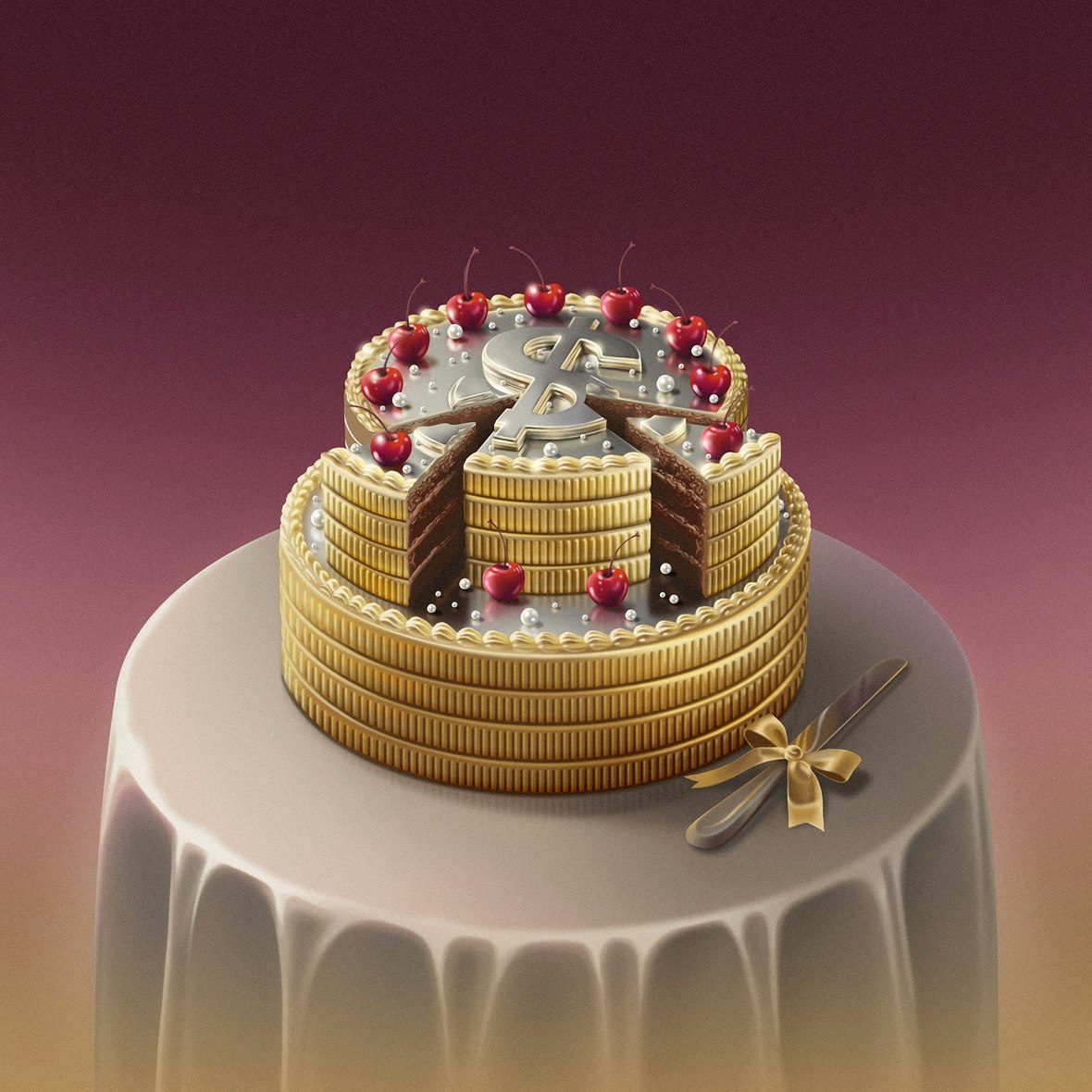 Illustration of a gold cake with dollar sign, with pieces cut out