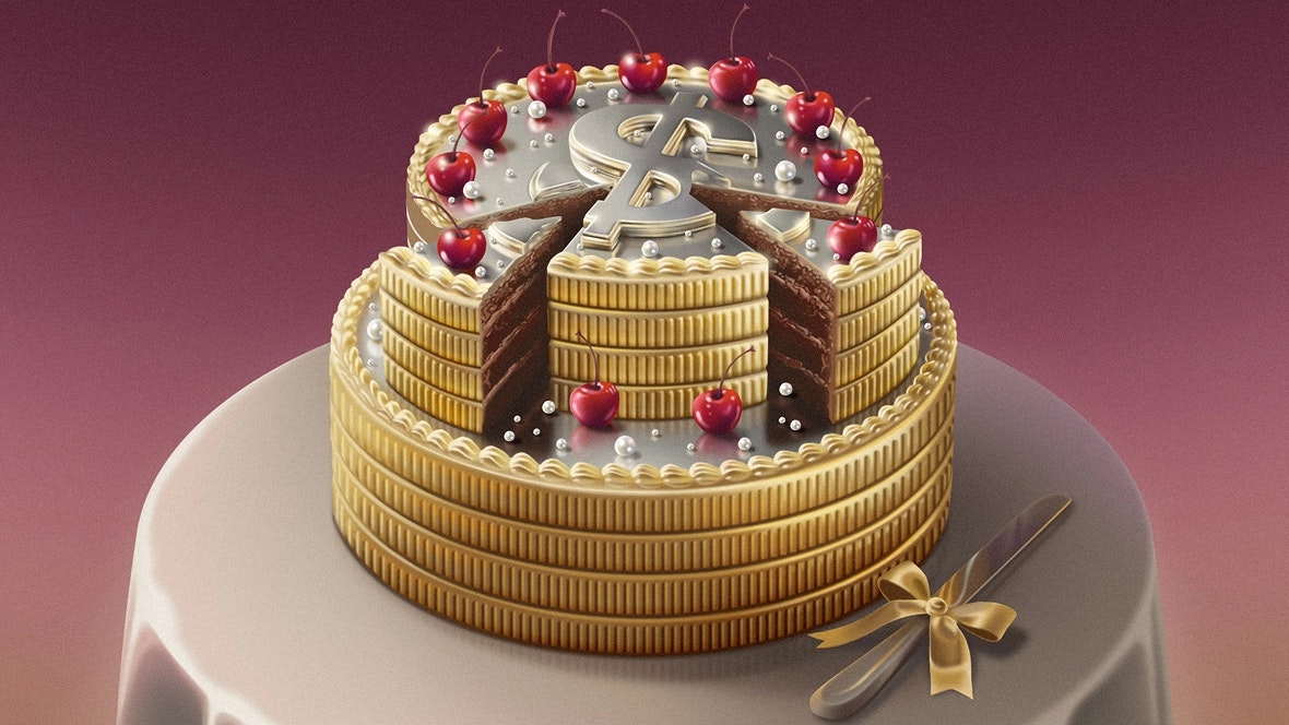 Illustration of a gold cake with dollar sign, with pieces cut out
