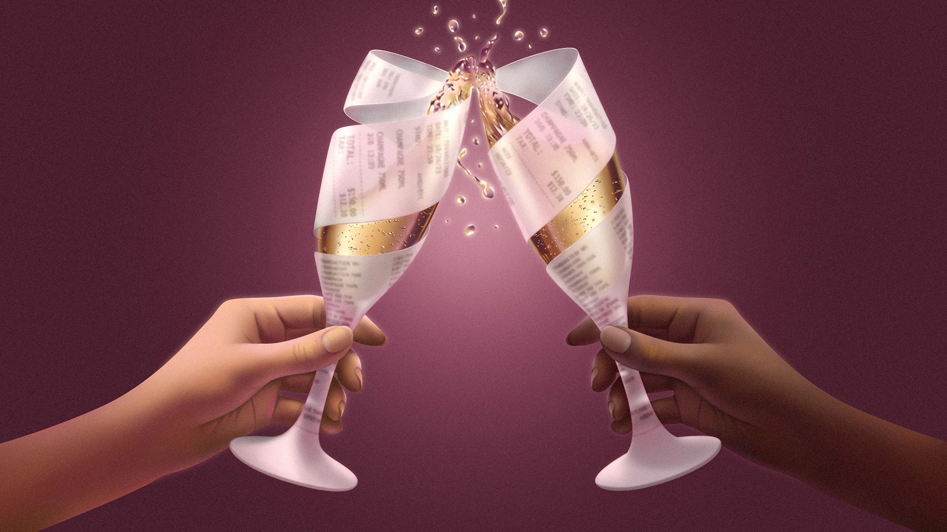 Illustration of clinking glasses, wrapped around receipts