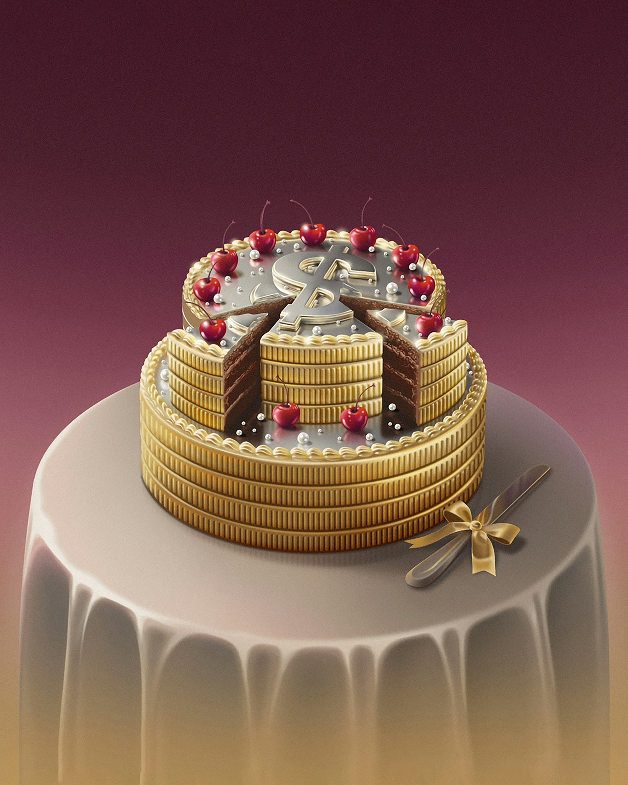 Illustration of a gold cake with dollar sign, with pieces cut out
