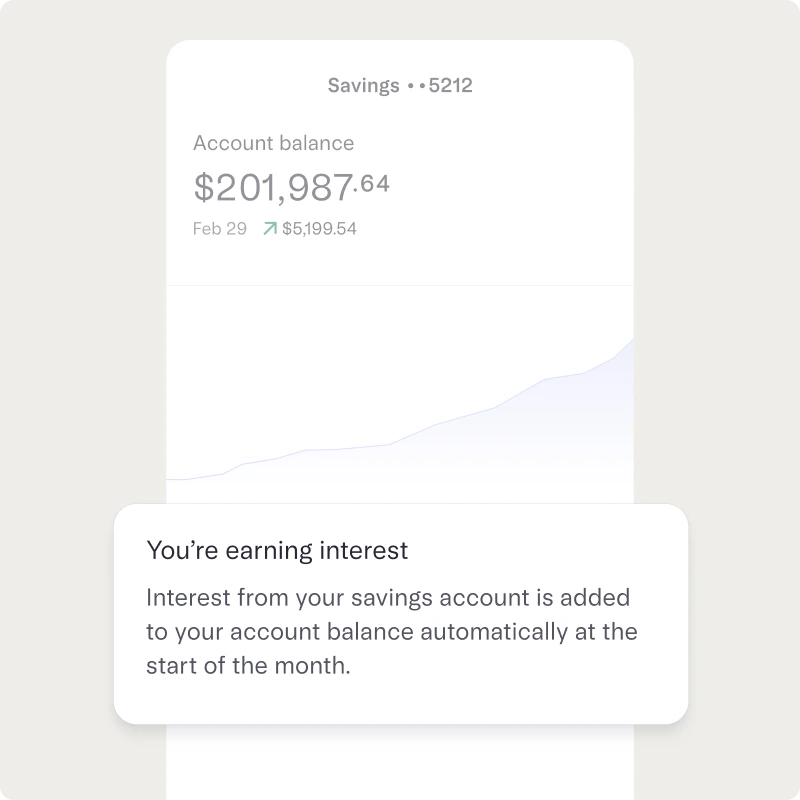 Mercury personal mobile screen showing a savings account with a growing balance chart and a message that yield is automatically added each month.