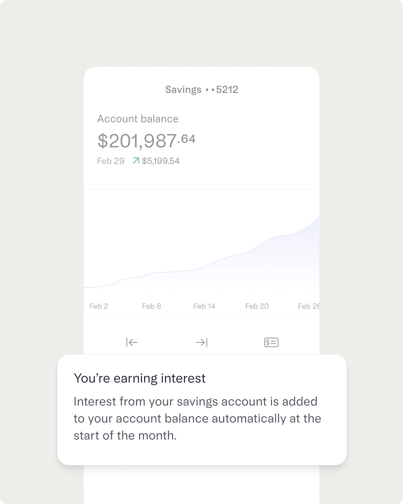 Mercury personal mobile screen showing a savings account with a growing balance chart and a message that yield is automatically added each month.