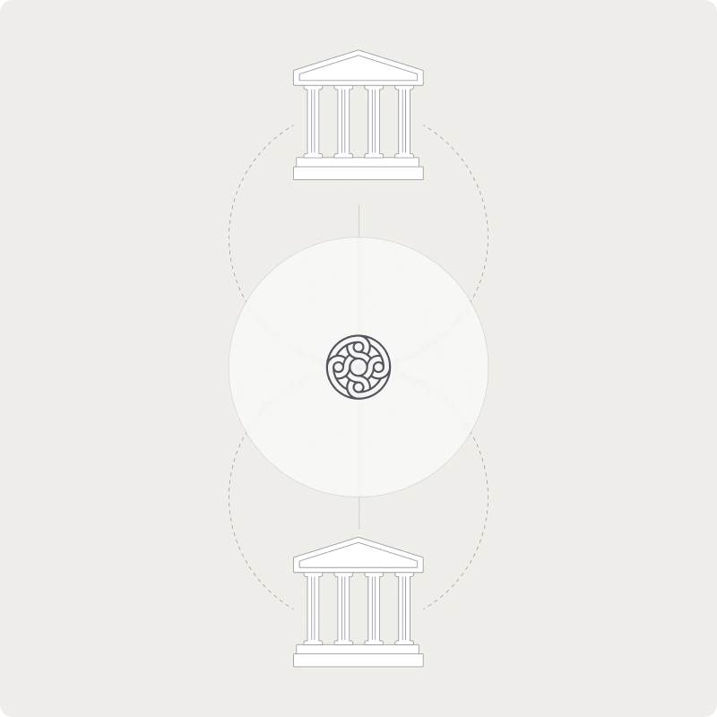 Illustration of two bank buildings connected by a circular network symbol, representing Mercury’s partner banks
