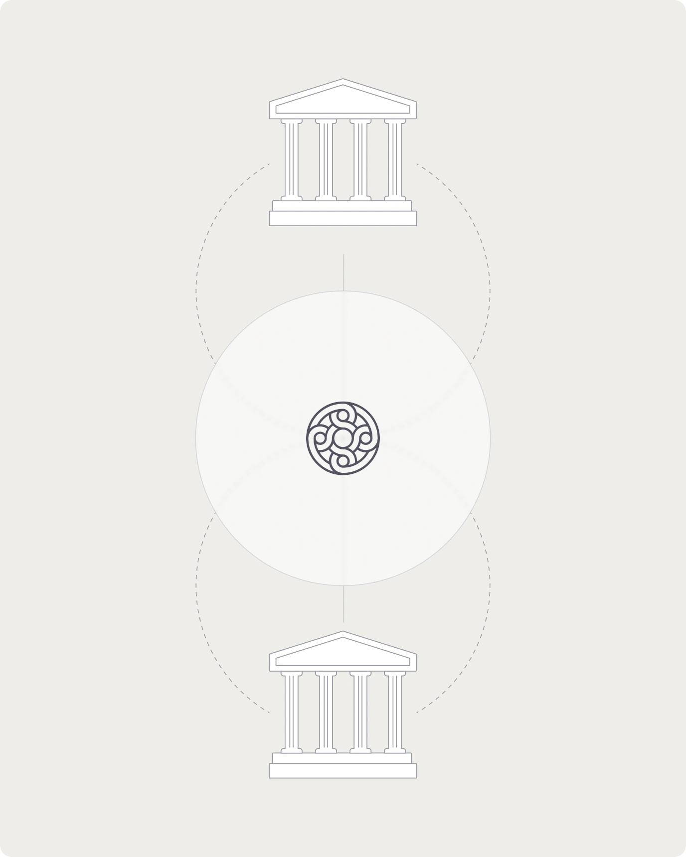 Illustration of two bank buildings connected by a circular network symbol, representing Mercury’s partner banks