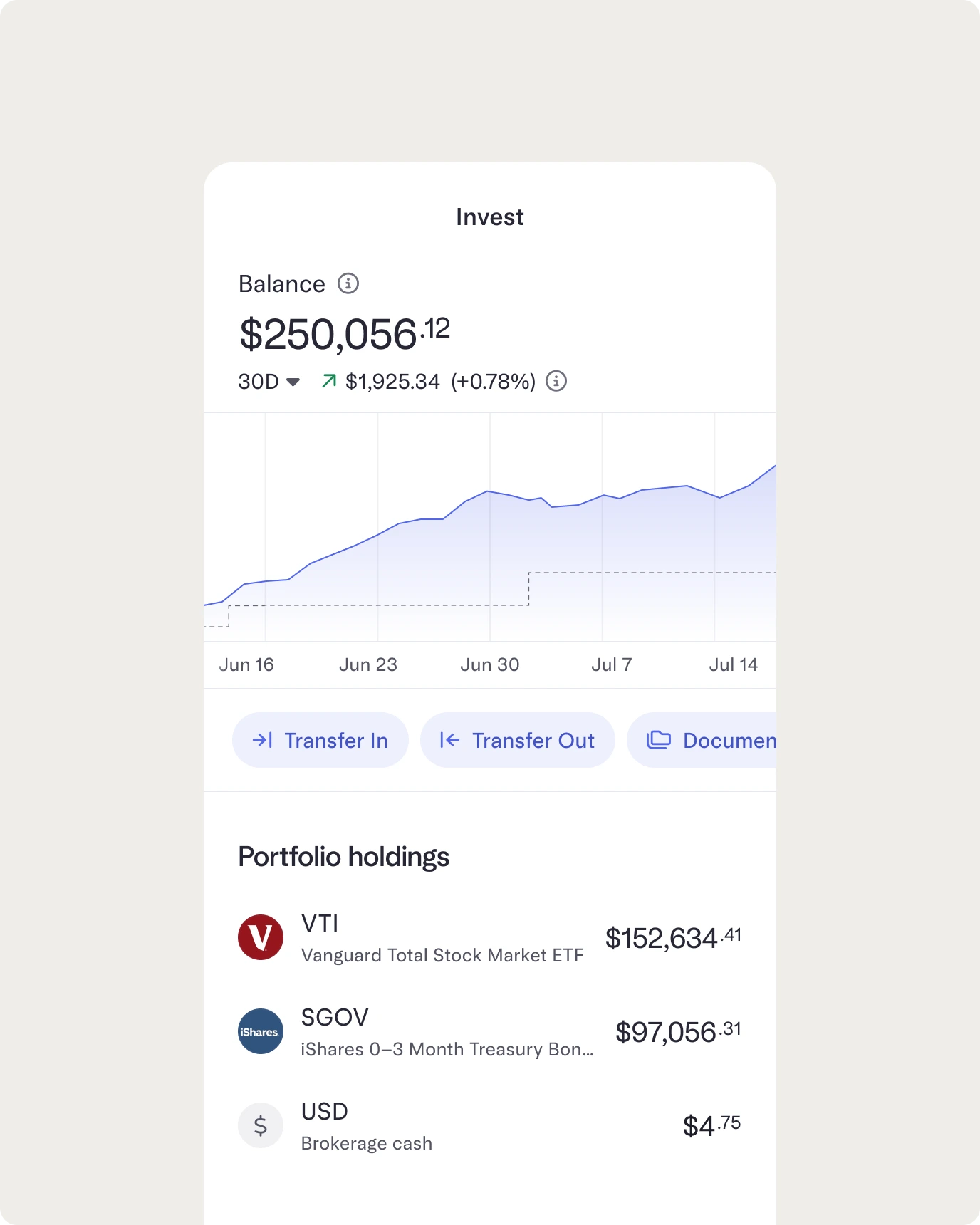 Mercury Invest mobile app screen showing portfolio balance, performance over time, and ETF holdings.