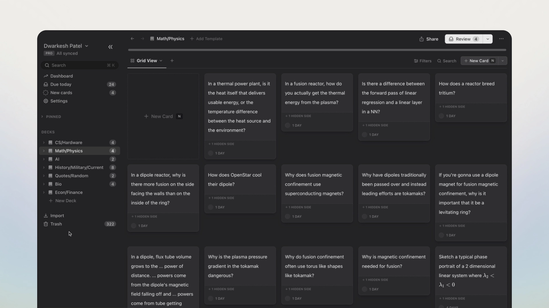 Screen capture of Patel's cards in Mochi