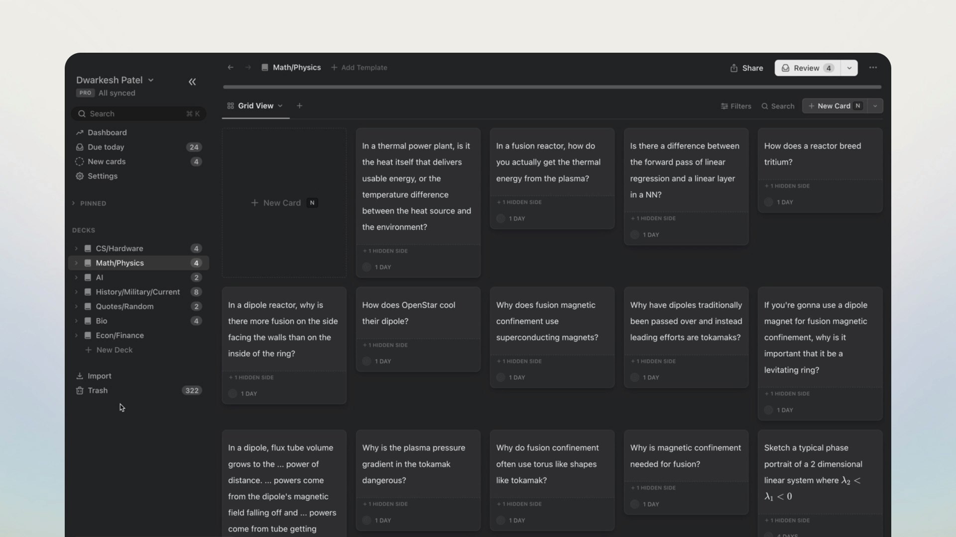 Screen capture of Patel's cards in Mochi