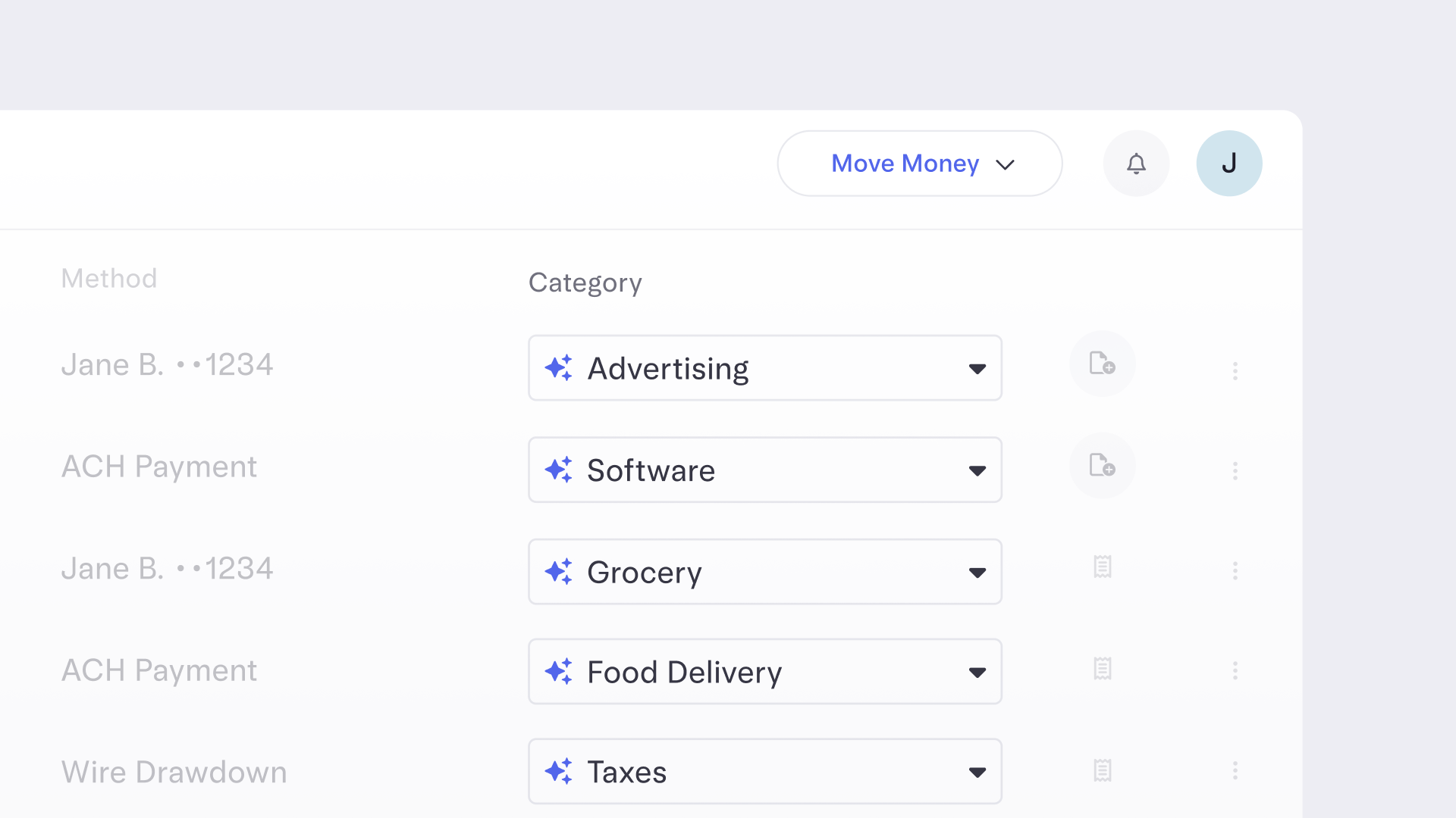 Transactions page displaying automatically categorized expenses with editable category tags.