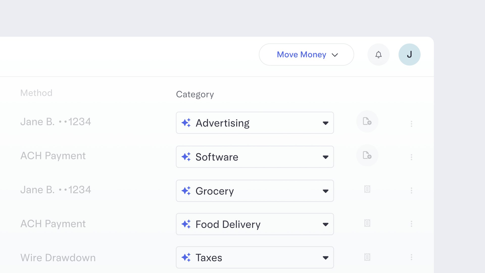 Transactions page displaying automatically categorized expenses with editable category tags.