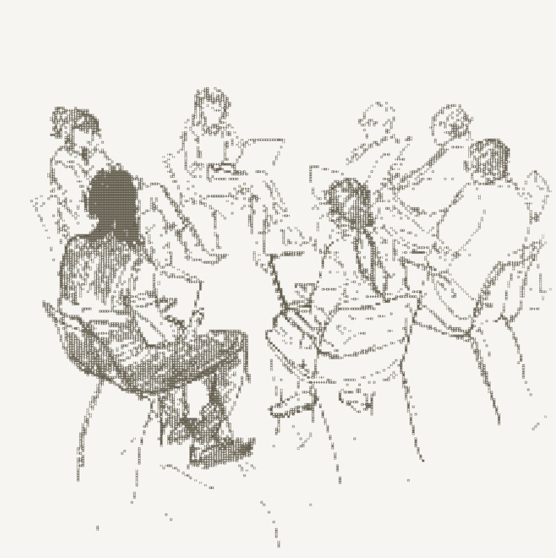 An illustration of founders sitting in a circle together working from their laptops