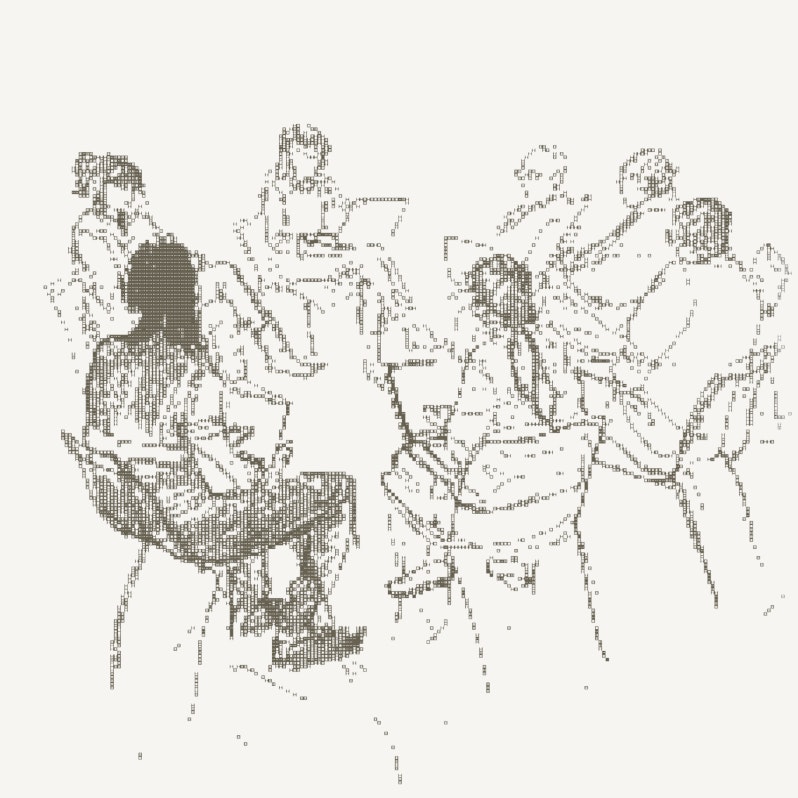 An illustration of founders sitting in a circle together working from their laptops
