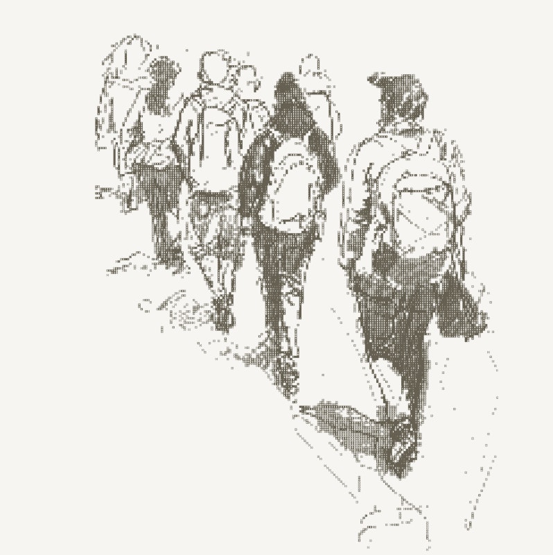 An illustration of founders hiking up a trail together