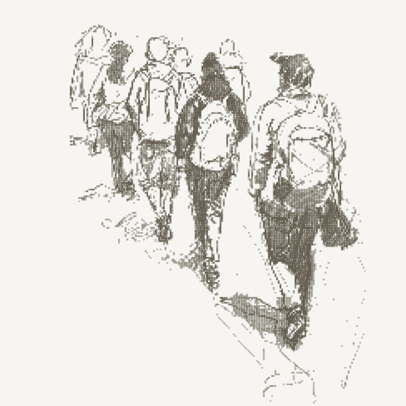 An illustration of founders hiking up a trail together