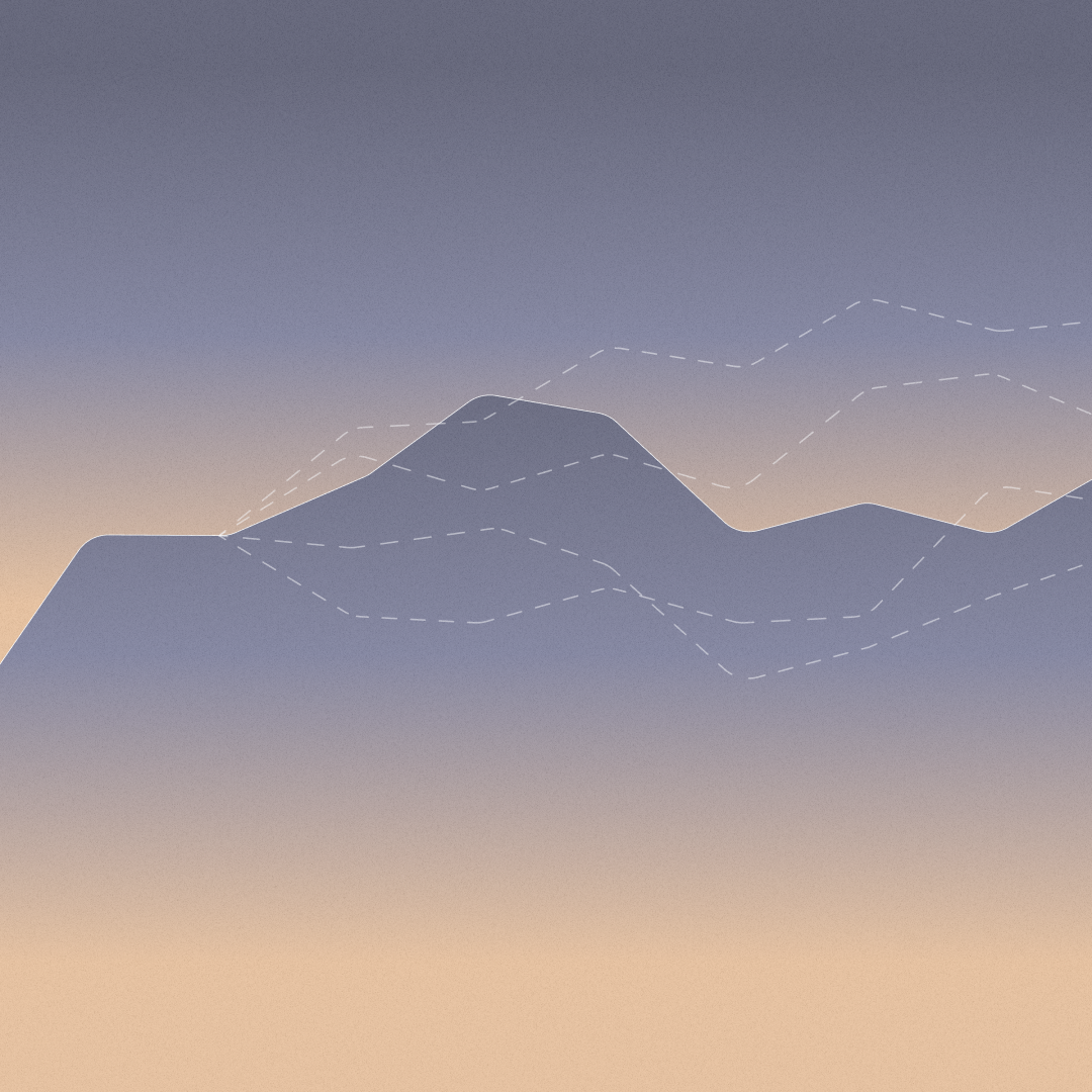 Abstract grey and pale orange mountain range with dashed lines superimposed on top