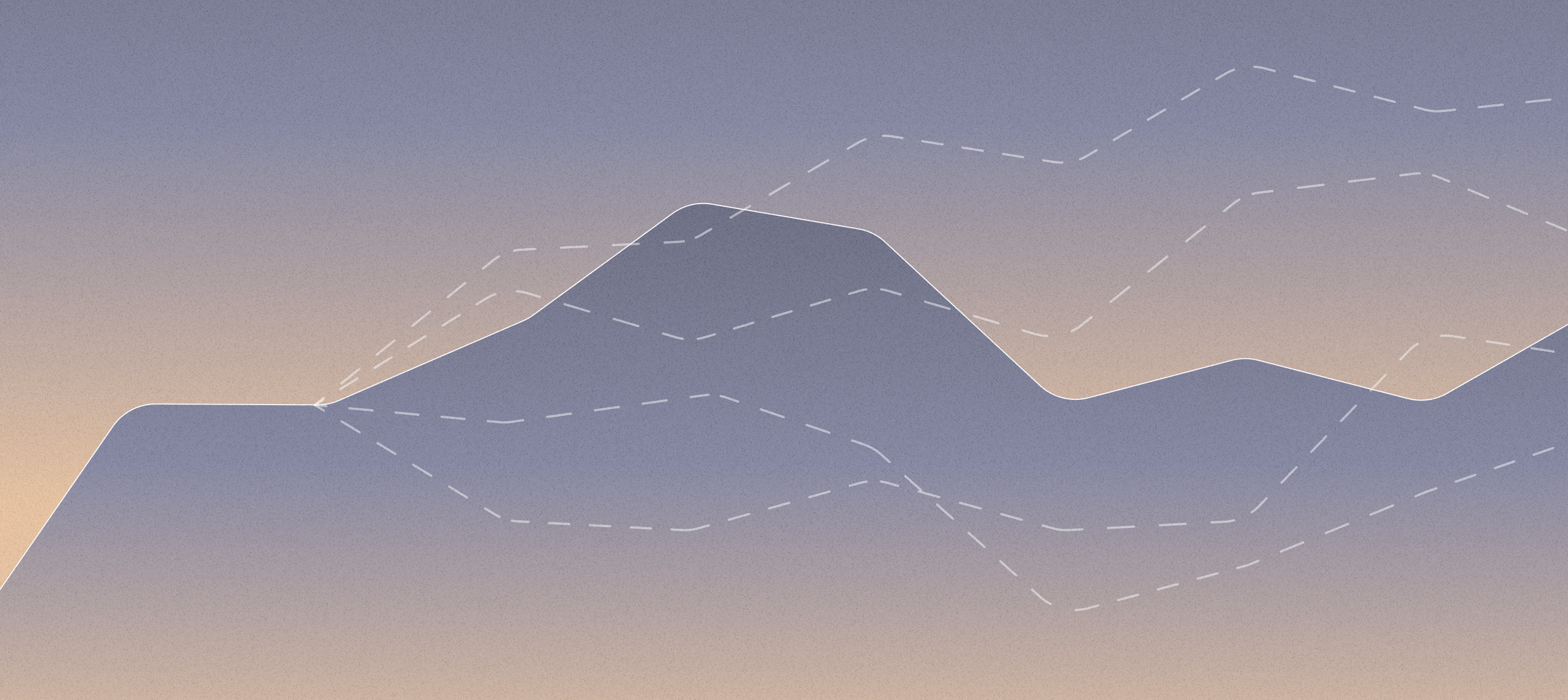 Abstract grey and pale orange mountain range with dashed lines superimposed on top