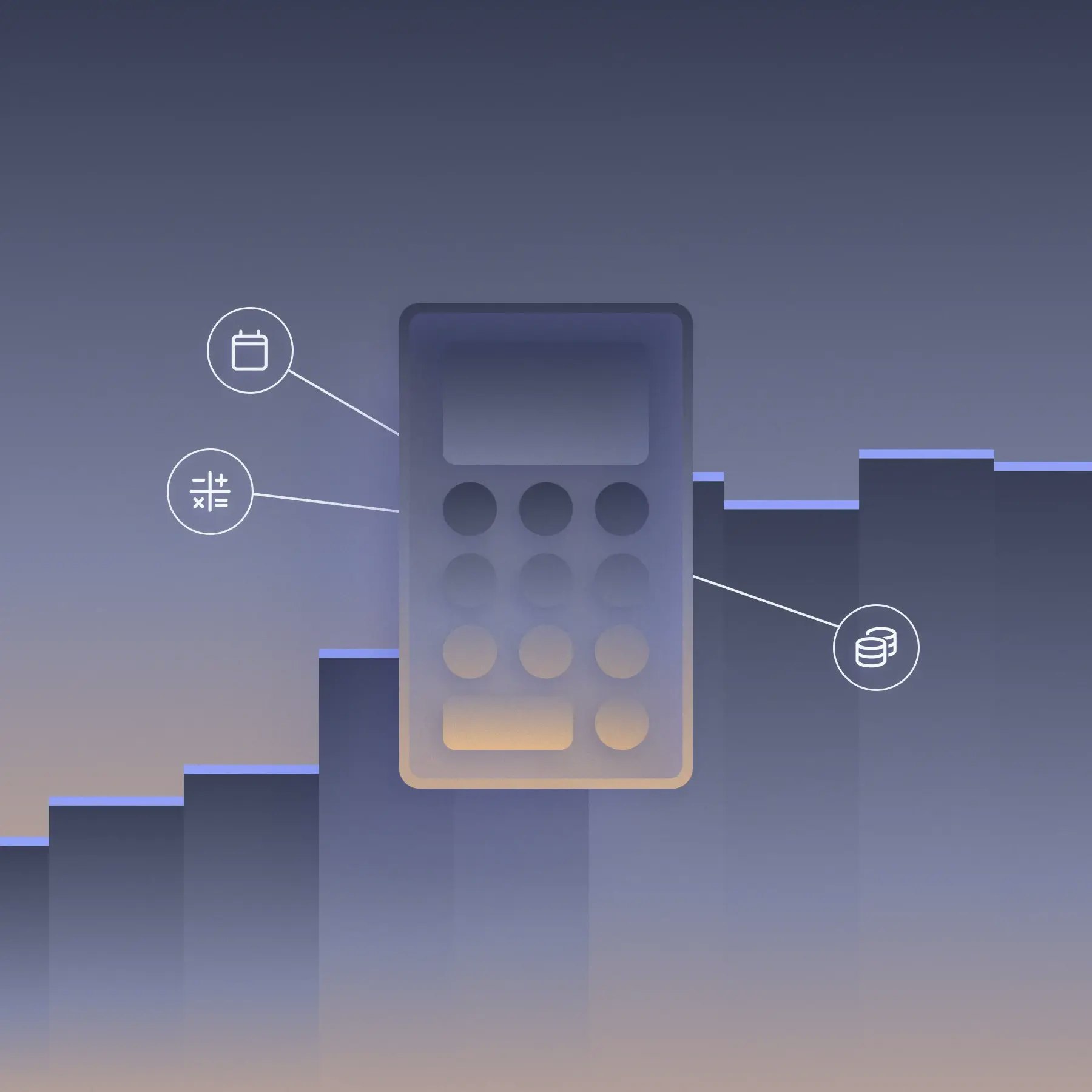 An abstract illustrated calculator in grey/orange twotones, with dark grey bar graphs in the background