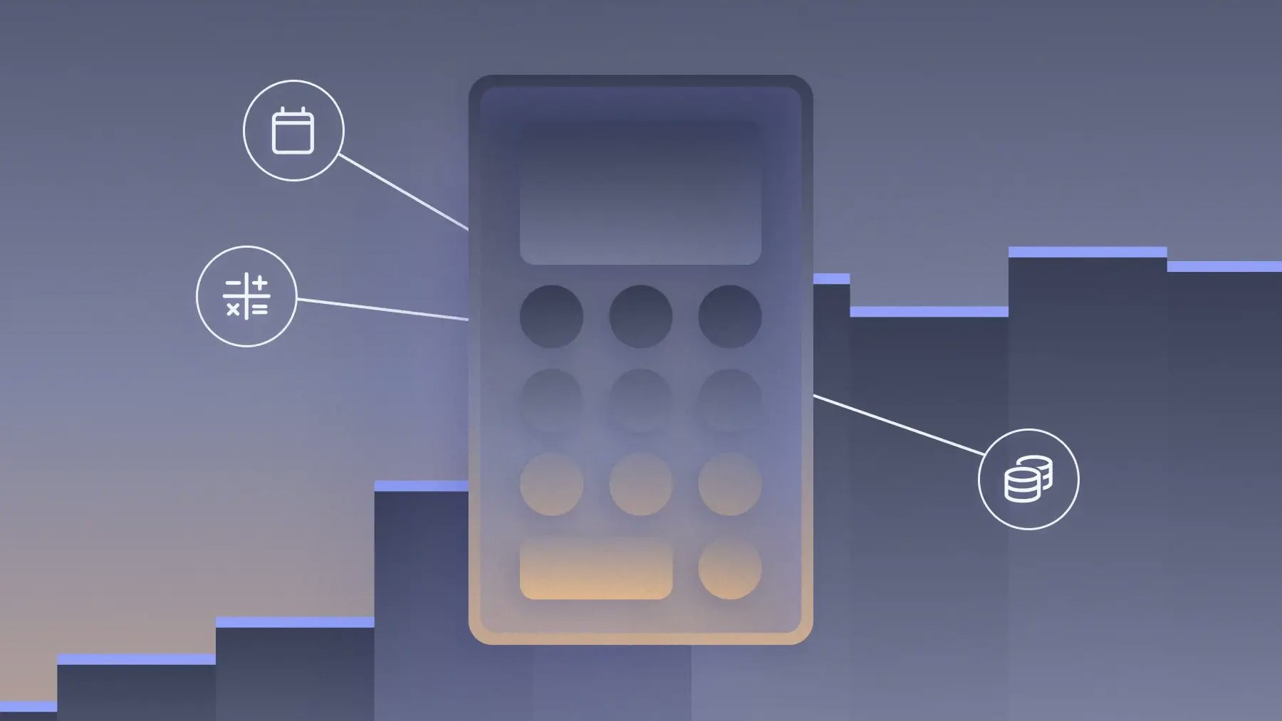 1:1 shift variable costs thumbnail An abstract illustrated calculator in grey/orange twotones, with dark grey bar graphs in the background