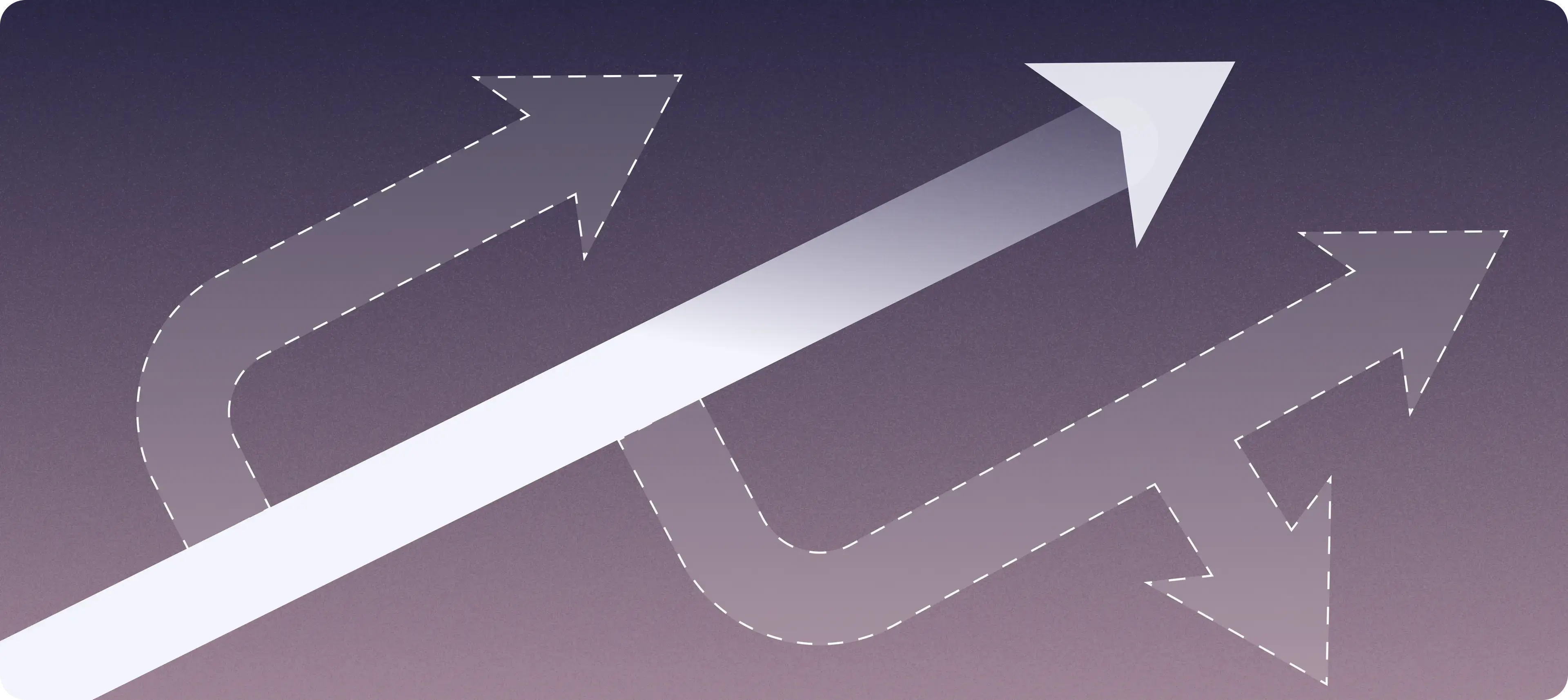 Abstract white arrow pointing from bottom left to upper right corner, dotted faded arrows coming out of main arrow similar to different routes taken, on an ombre dark background