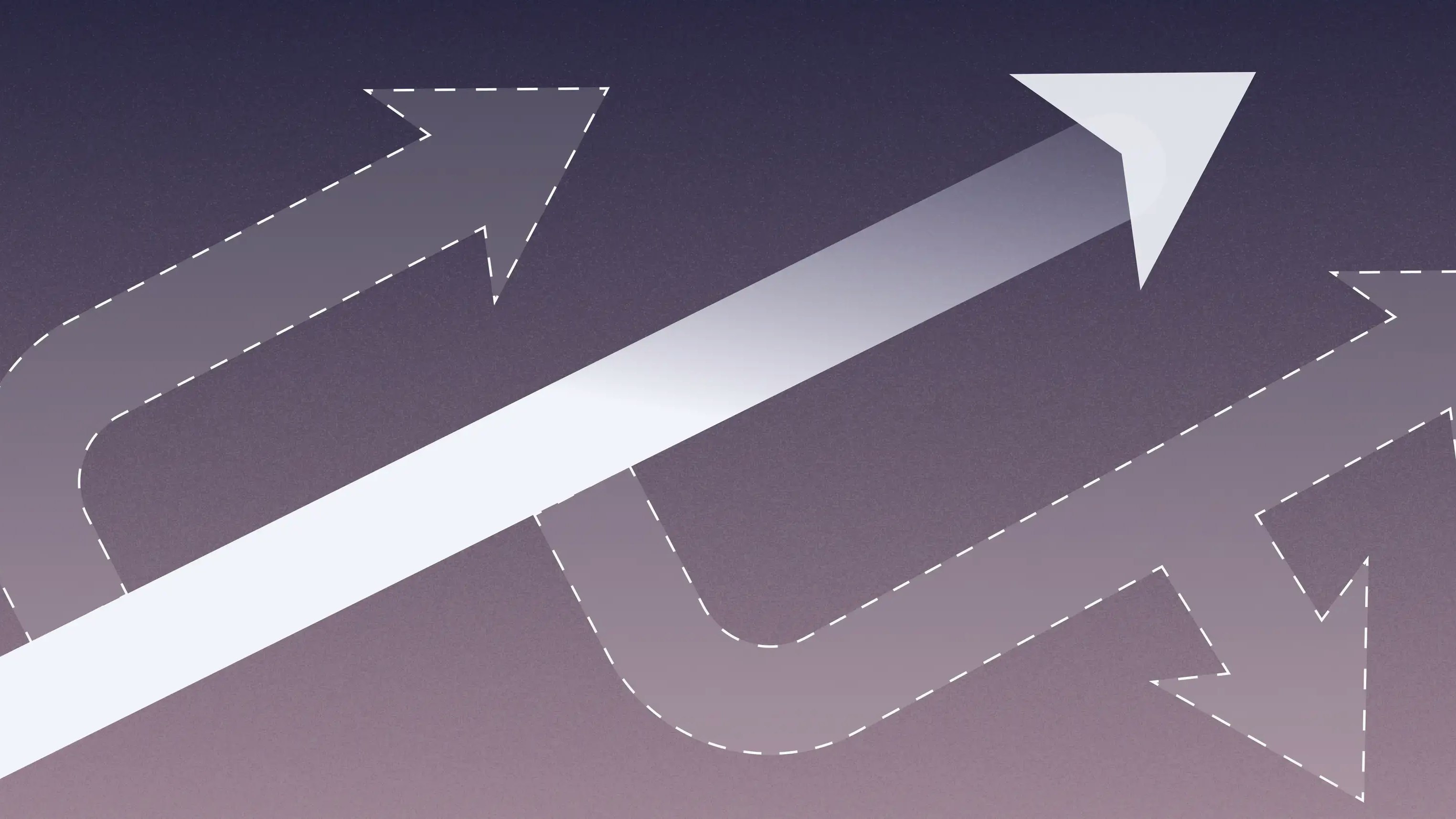 16:9 Increase profitability thumbnail Abstract white arrow pointing from bottom left to upper right corner, dotted faded arrows coming out of main arrow similar to different routes taken, on an ombre dark background