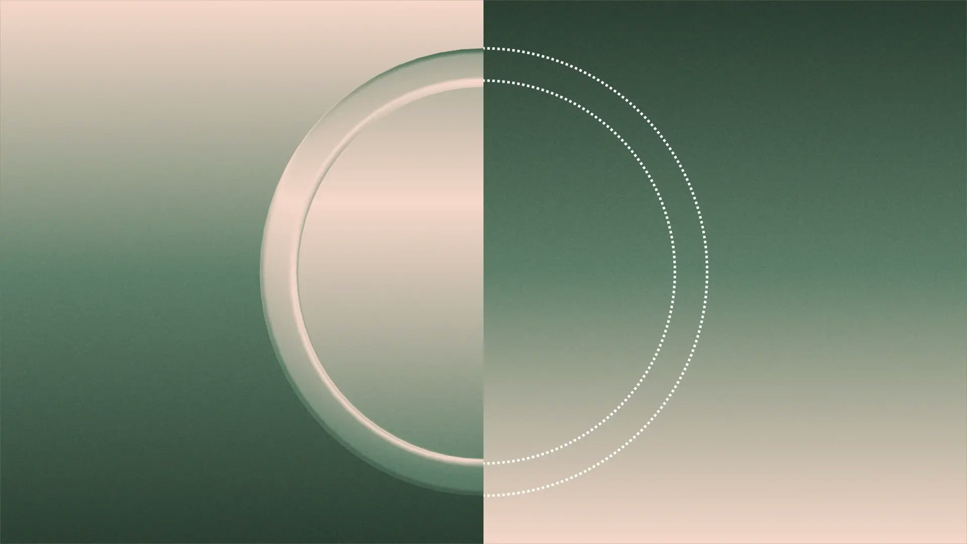 Intangible assets thumbnail Abstract split-toned image with a soft circular ring centered across a vertical divide—left side in muted beige, right side in deep green—with dotted concentric arcs on the right half.