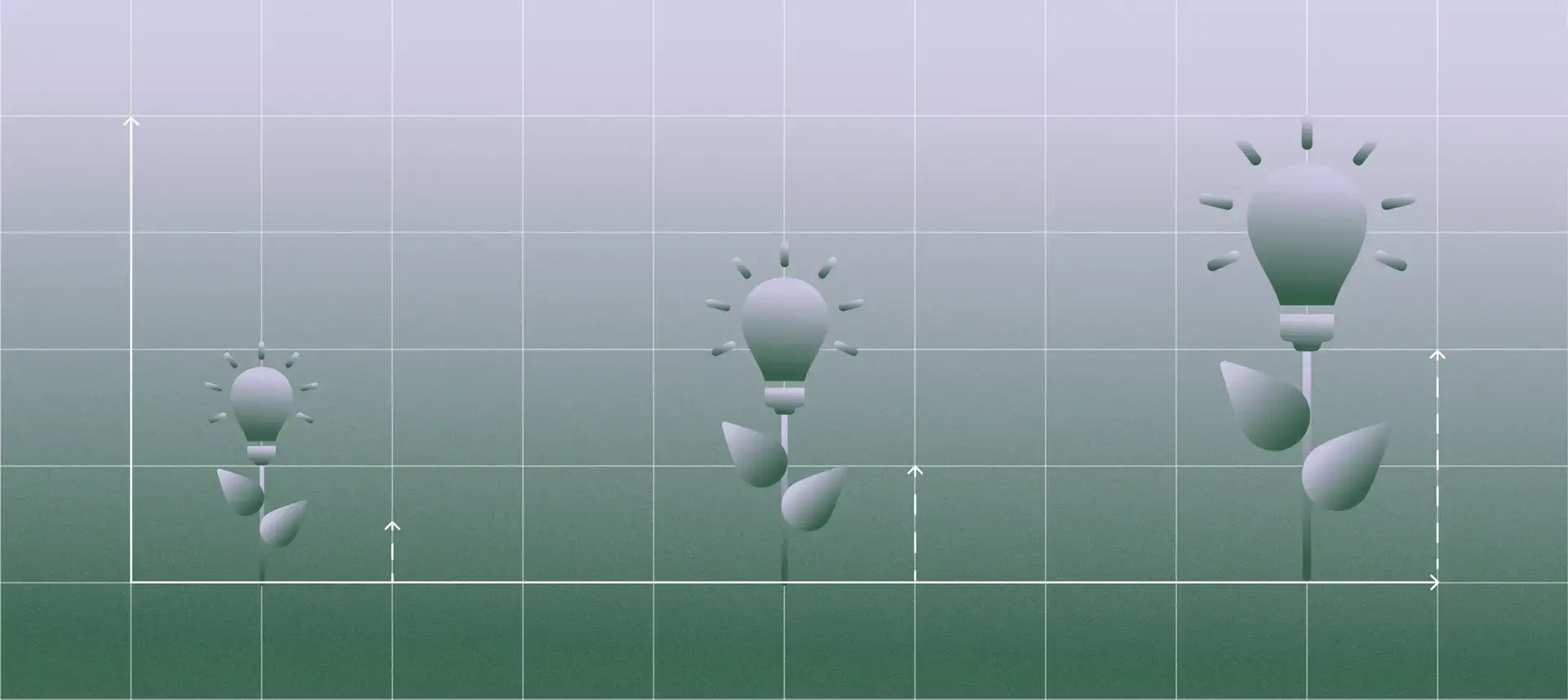 Three plants with lightbulbs instead of flowers at the top, all in an abstract blue and purple style