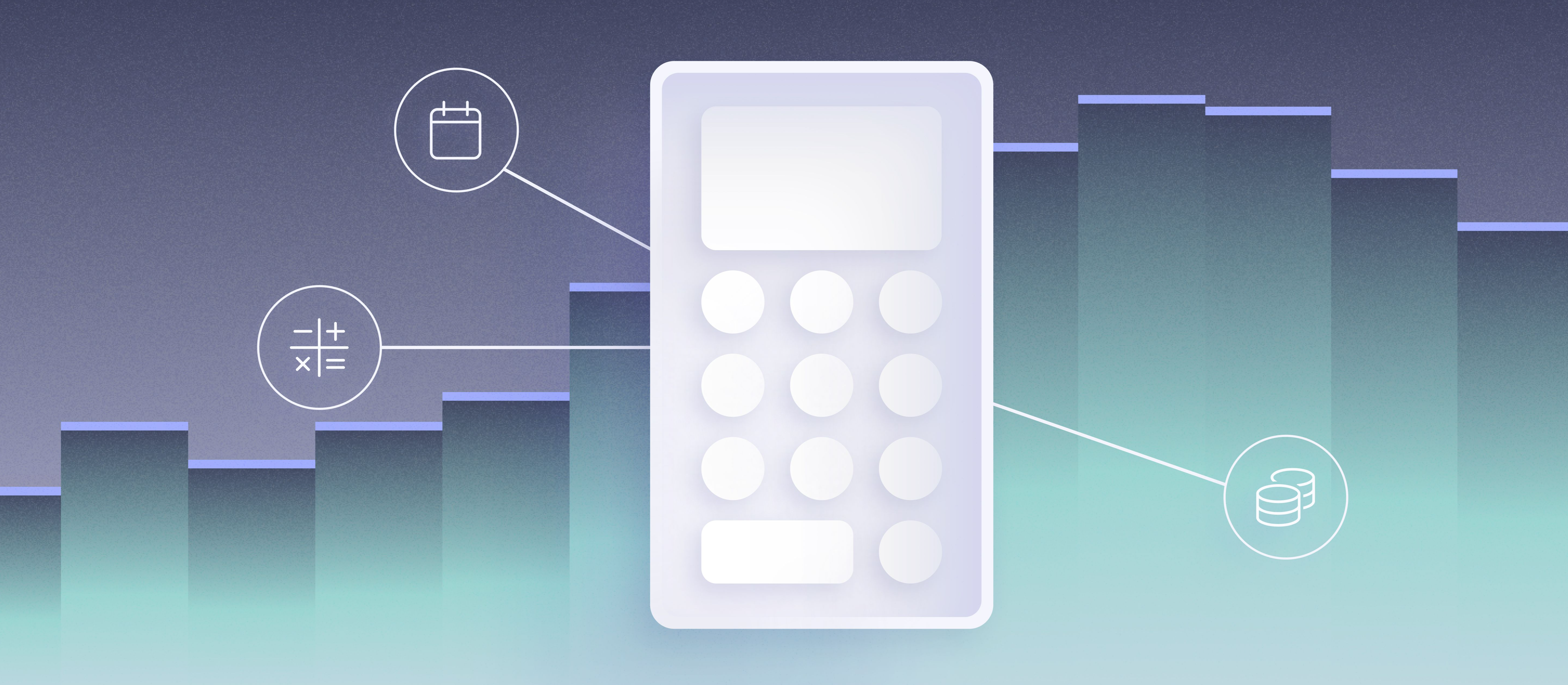 Abstract grey calculator in front of screen, on top of abstract dark grey and green ombre bar graph with icons representing money and math coming off calcualtor