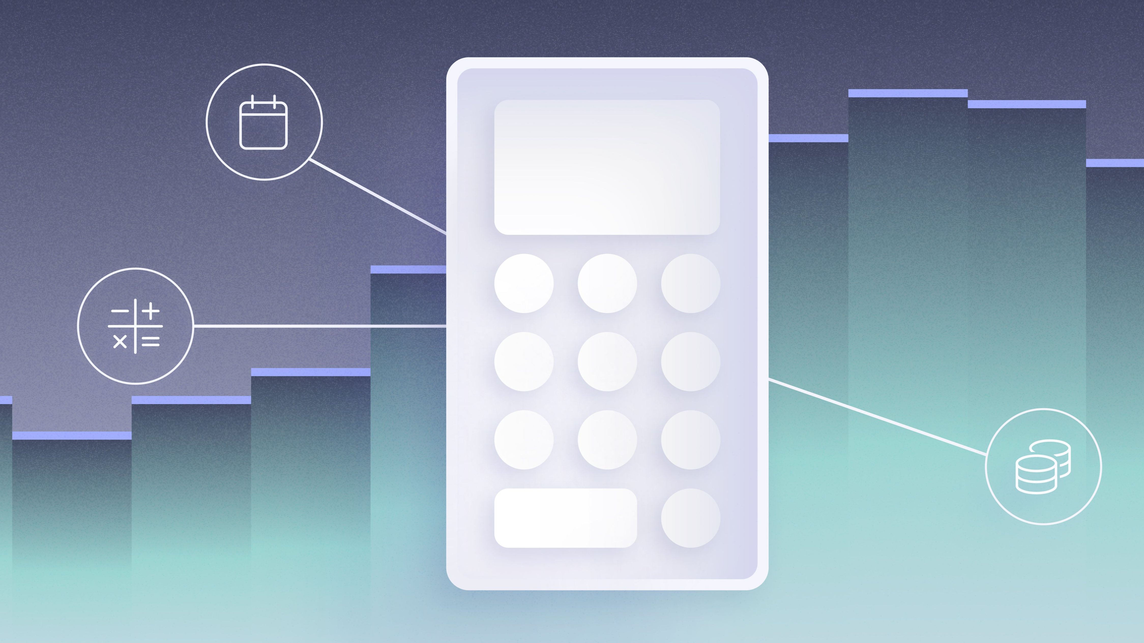 Default alive calculator 9:16 thumbnail Abstract grey calculator in front of screen, on top of abstract dark grey and green ombre bar graph with icons representing money and math coming off calcualtor