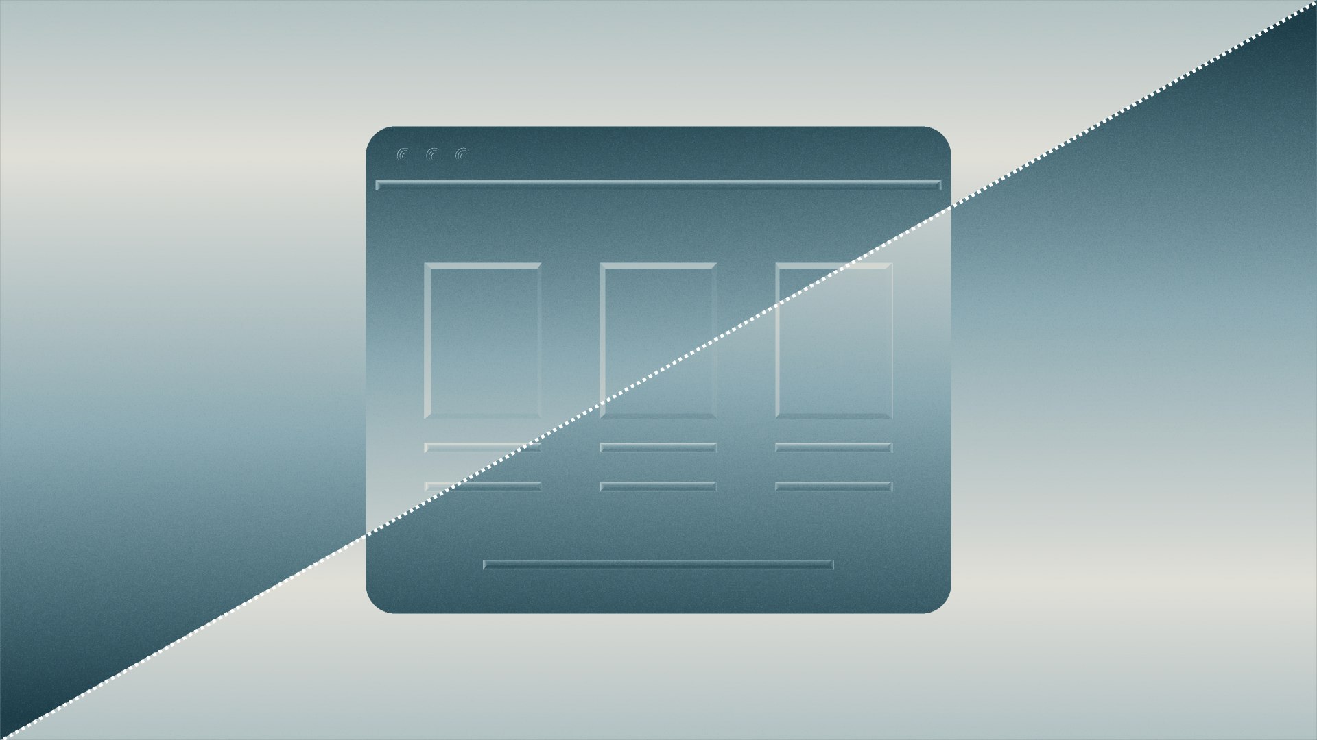 A minimalist illustration of a website layout card with three content blocks, shown on a blue gradient background. A diagonal dotted line divides the image, suggesting a comparison or contrast between two platforms or versions.