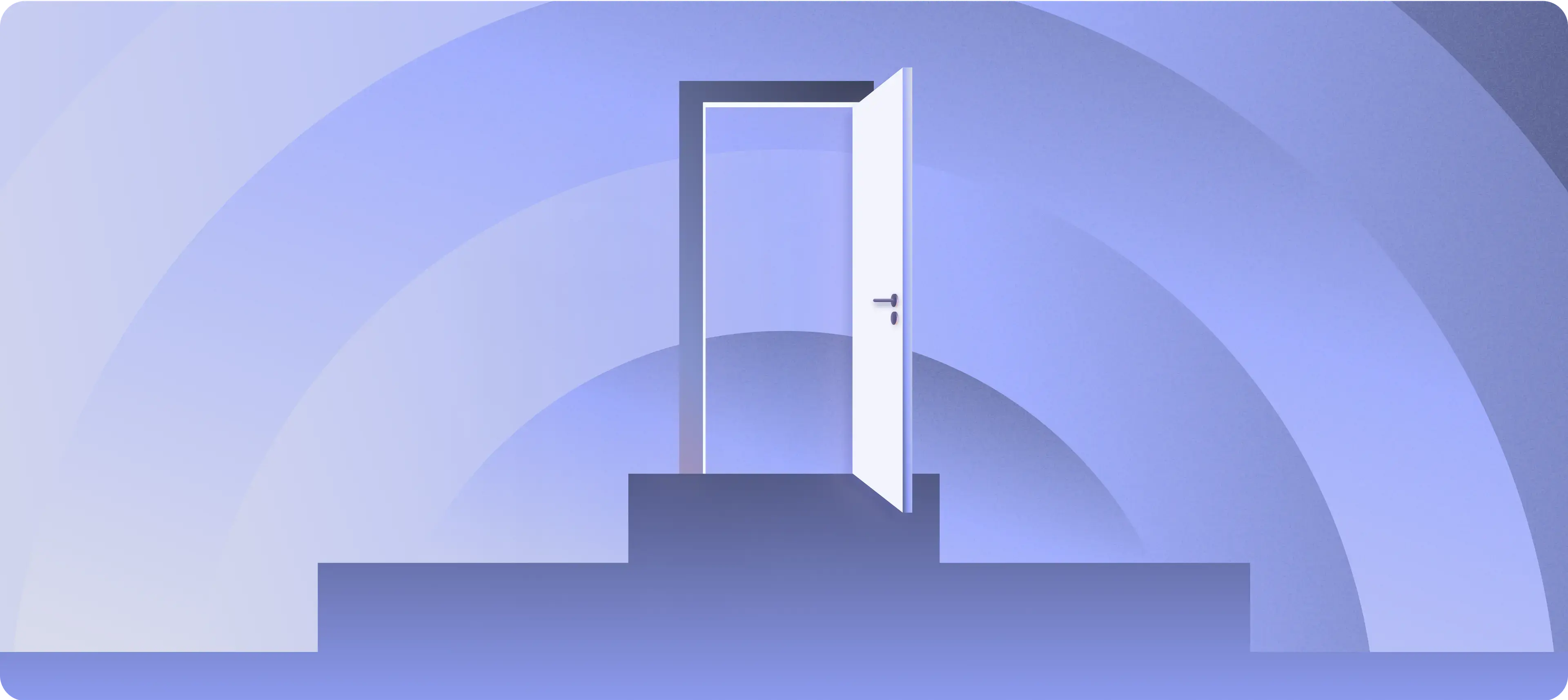An abstract illustrated open door in white, on dark purple steps and a light purple ombre half circle background
