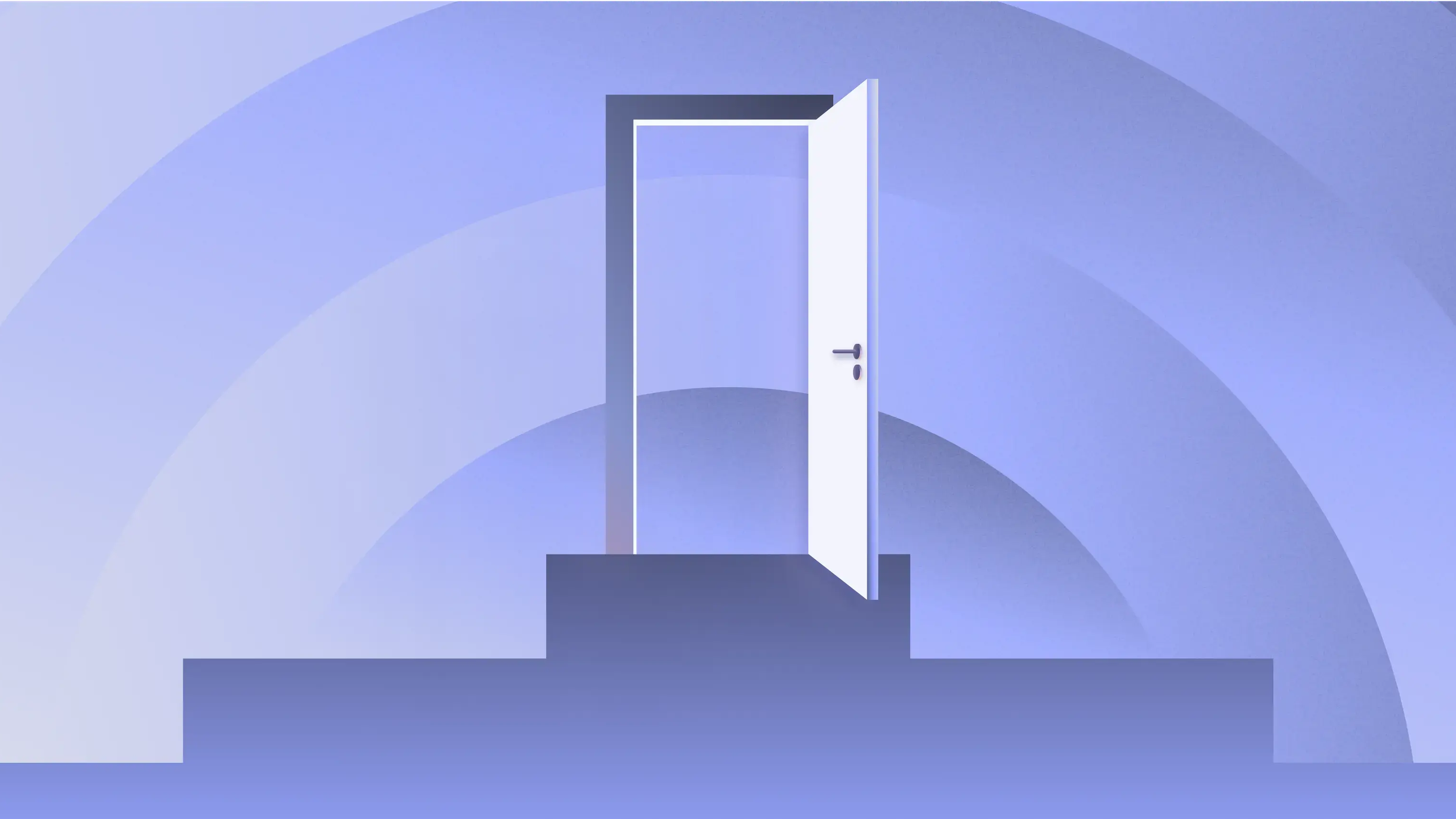 Choosing POS thumbnail An abstract illustrated open door in white, on dark purple steps and a light purple ombre half circle background