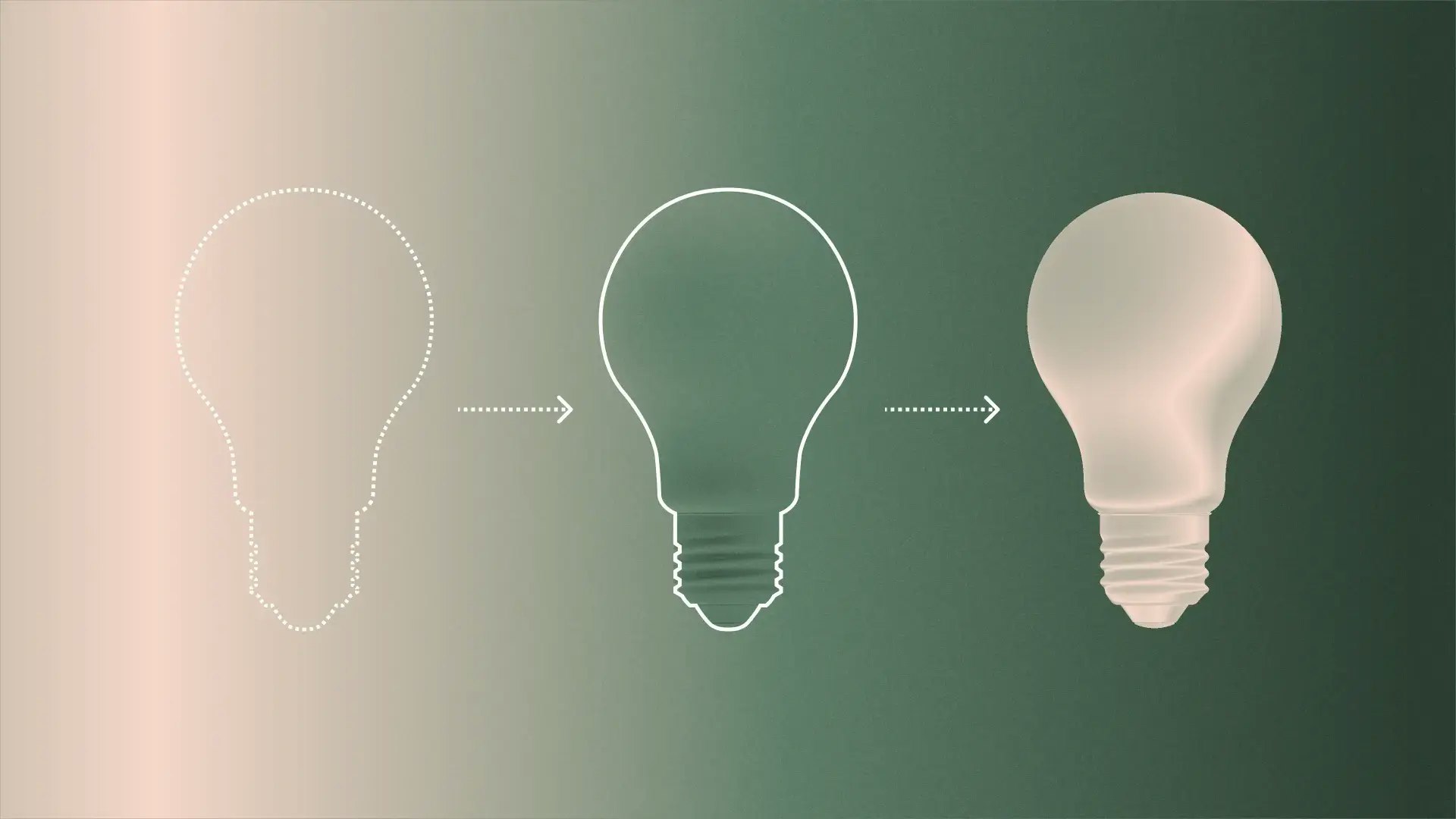 A minimalist illustration showing the progression from idea to execution, depicted as a lightbulb evolving from outline to finished form.