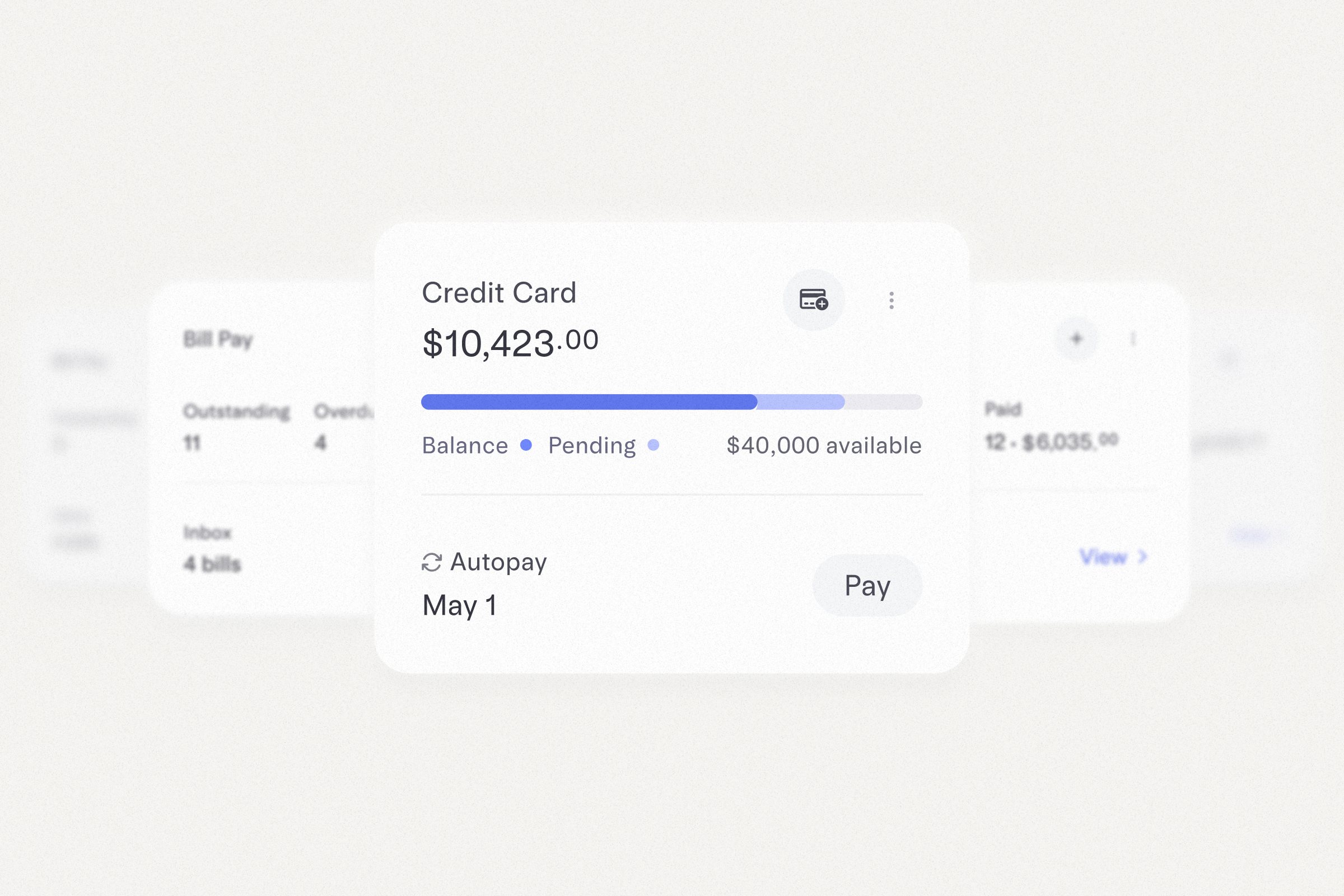 Mercury bill pay interface showing a credit card balance and autopay settings