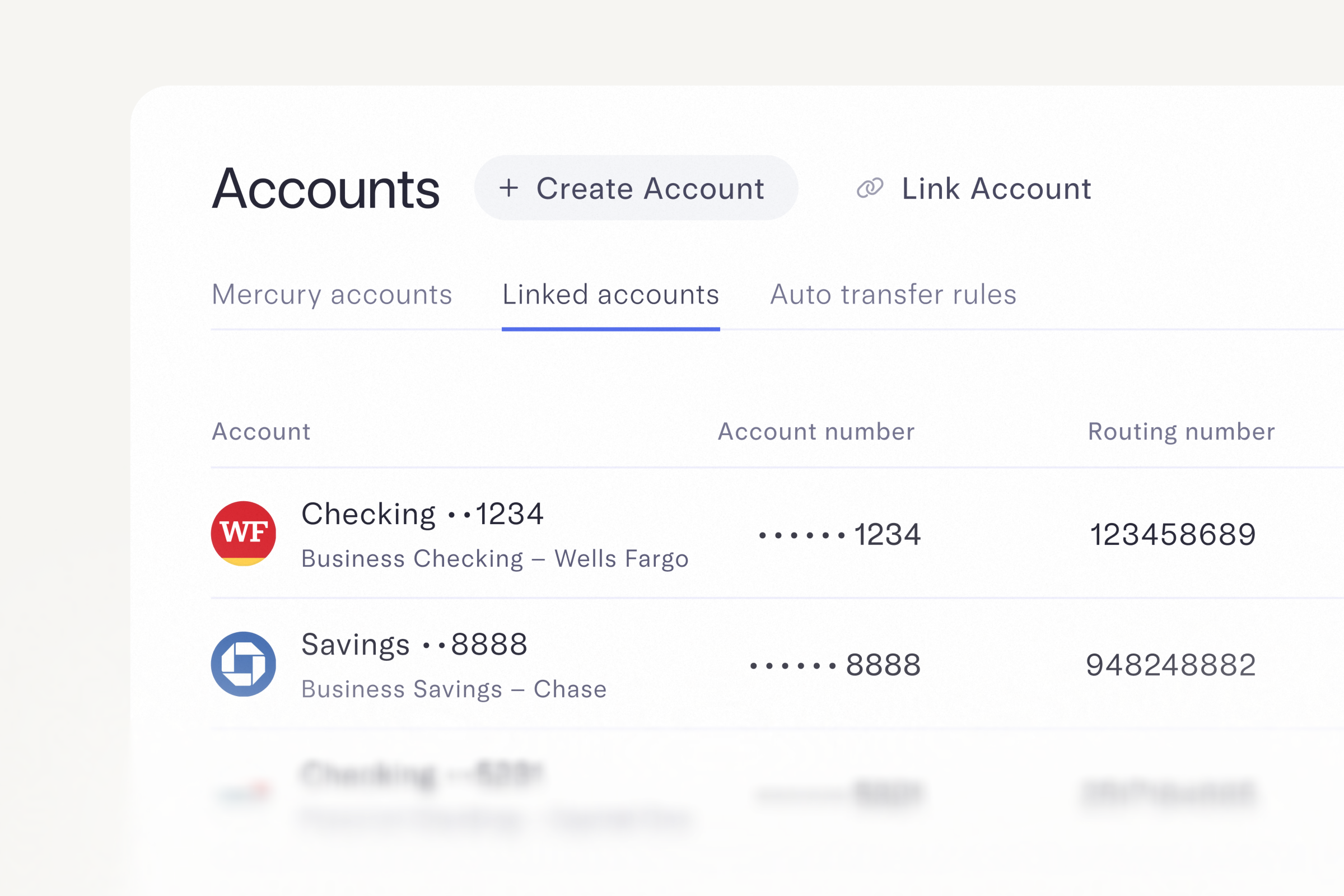 Mercury accounts page showing linked external bank accounts from Wells Fargo and Chase
