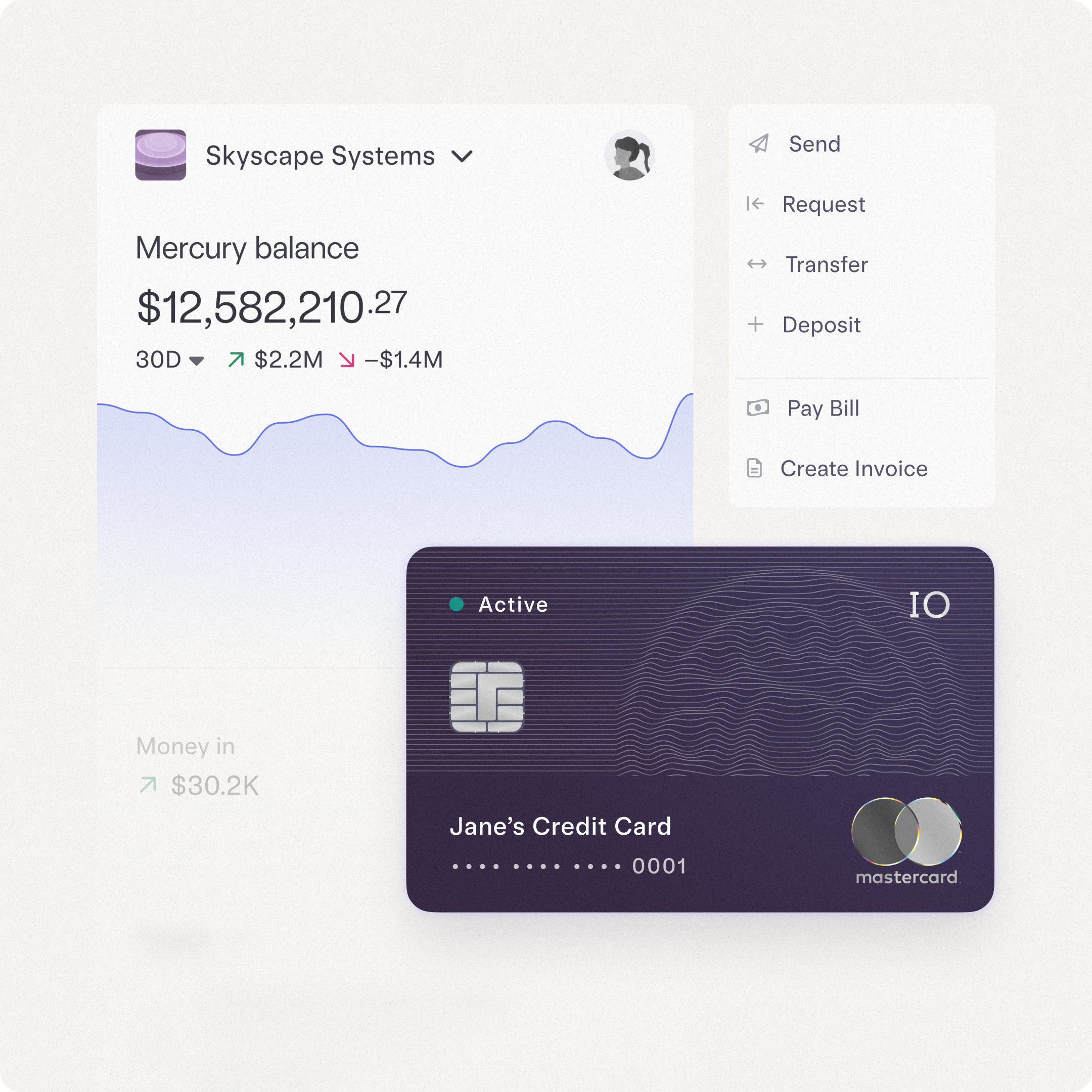 Mercury mobile dashboard paired with virtual IO card and a drop down of send money options.