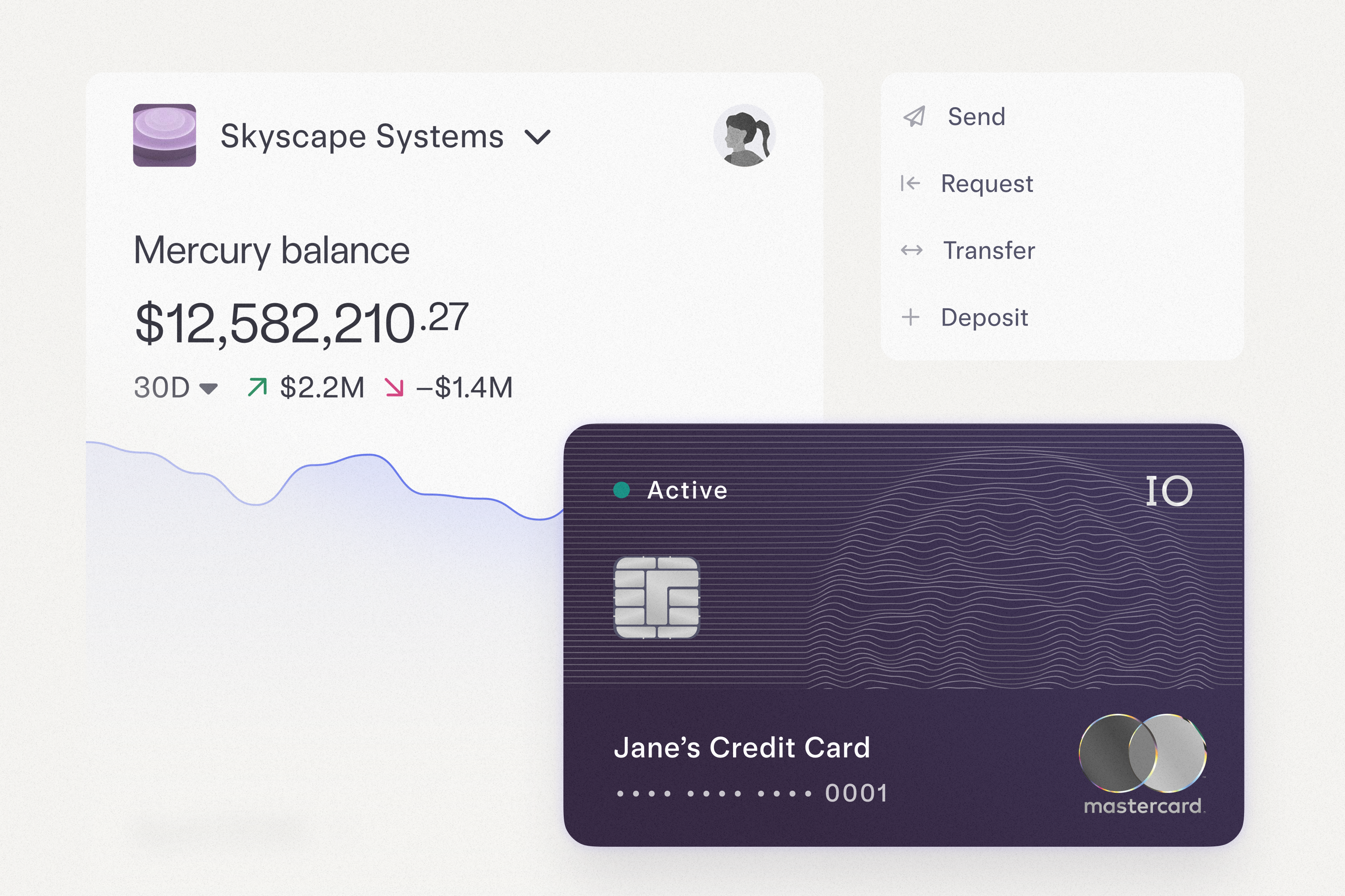 Mercury mobile dashboard paired with virtual IO card and a drop down of send money options.