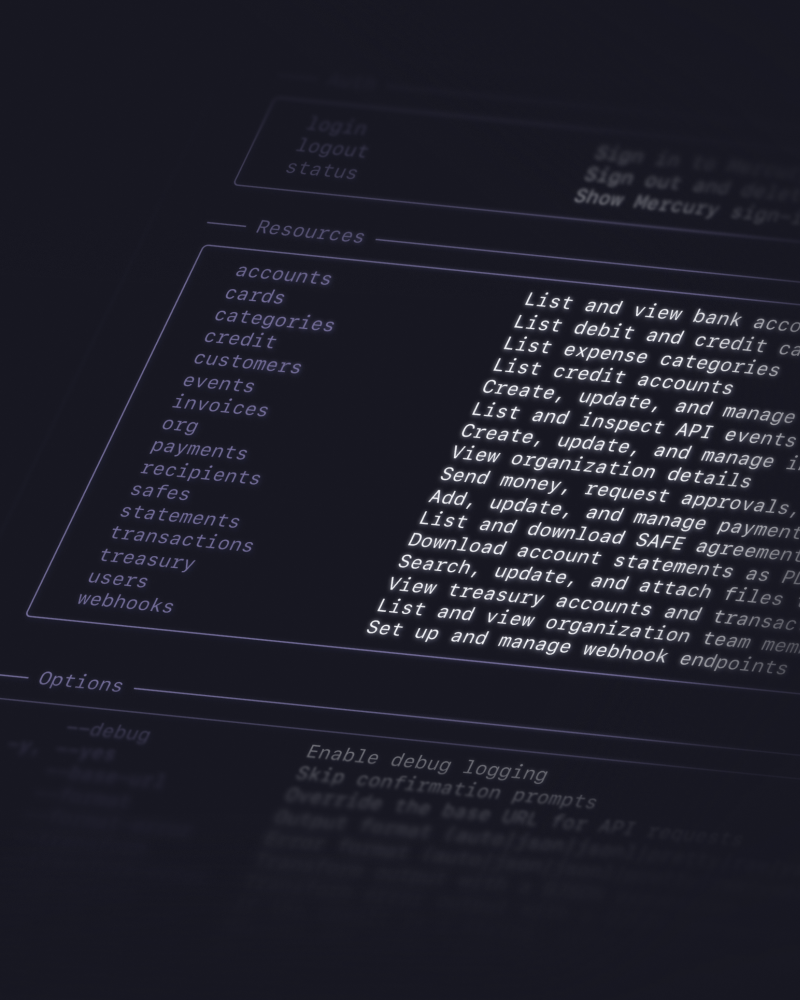 A dark-themed terminal interface showing Mercury's CLI commands, including options for managing invoices, payments, transactions, webhooks, and more.