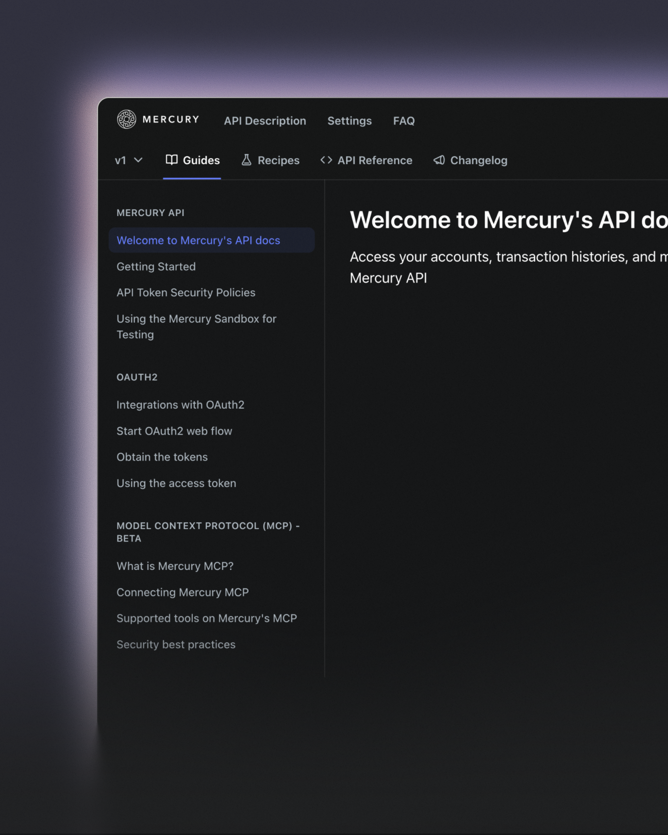 A screenshot of Mercury's API documentation interface, showing endpoint categories and a 'Welcome to Mercury's API' introduction panel with navigation options on the left.
