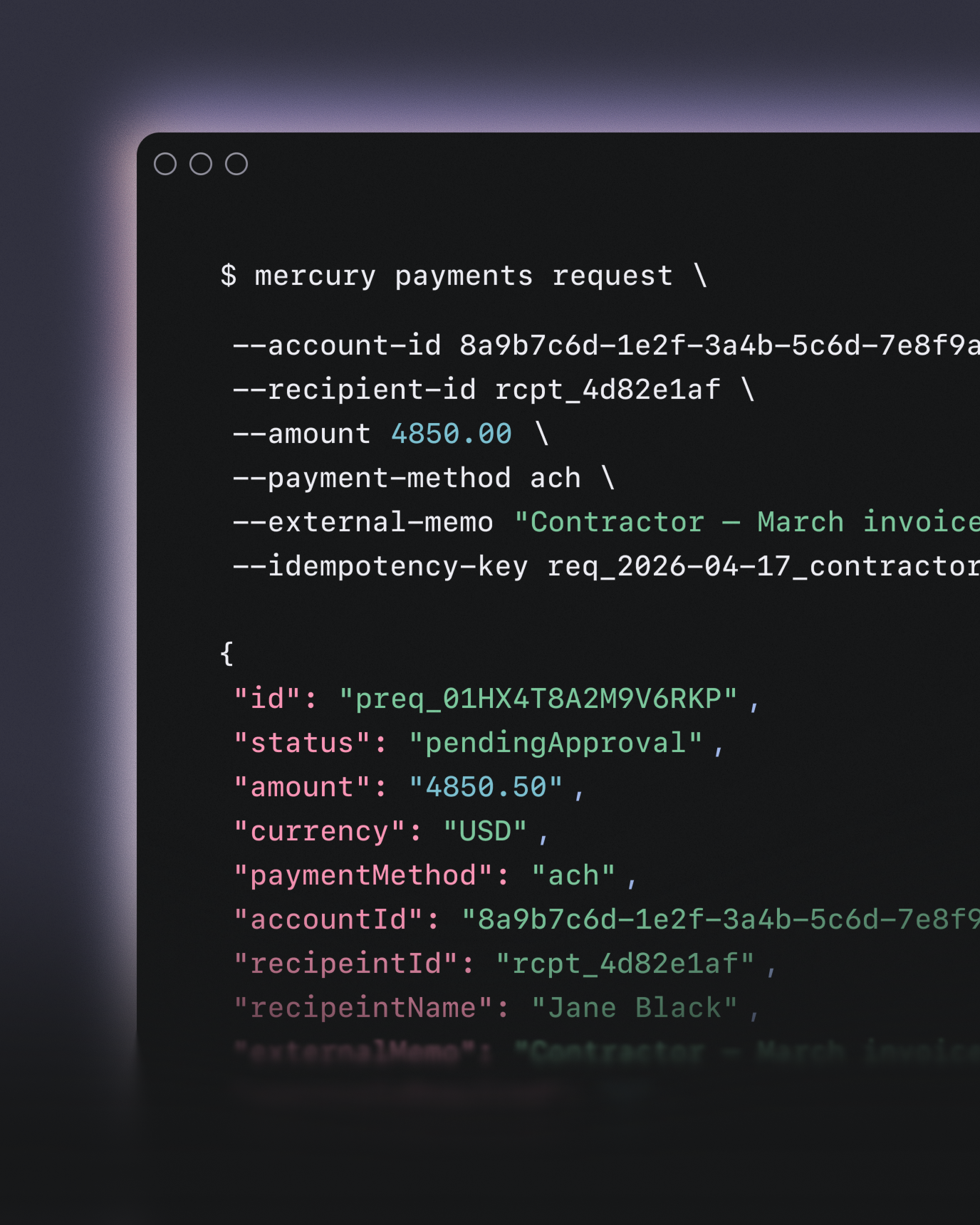 A terminal window showing a Mercury CLI command for requesting payments, with JSON-formatted output displaying transaction details including account numbers, amounts, and payment status.