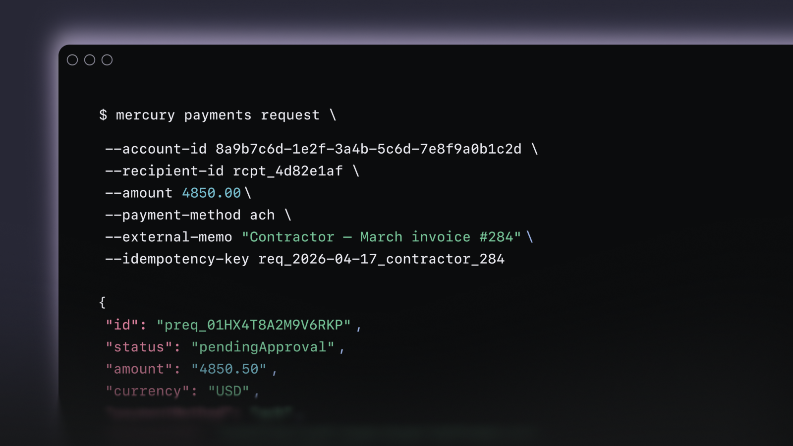 A terminal window showing a Mercury CLI common requesting an ACH payment.