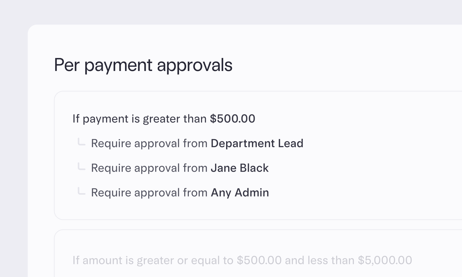 Mercury’s per-payment approvals interface showing a rule that requires approval from a department lead.