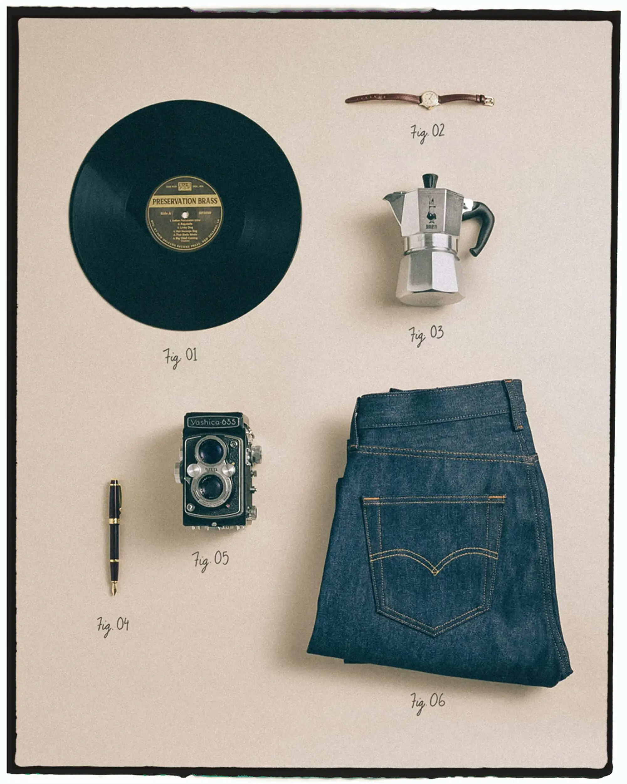 jeans, record, watch, moka pot, pen, and camera collage